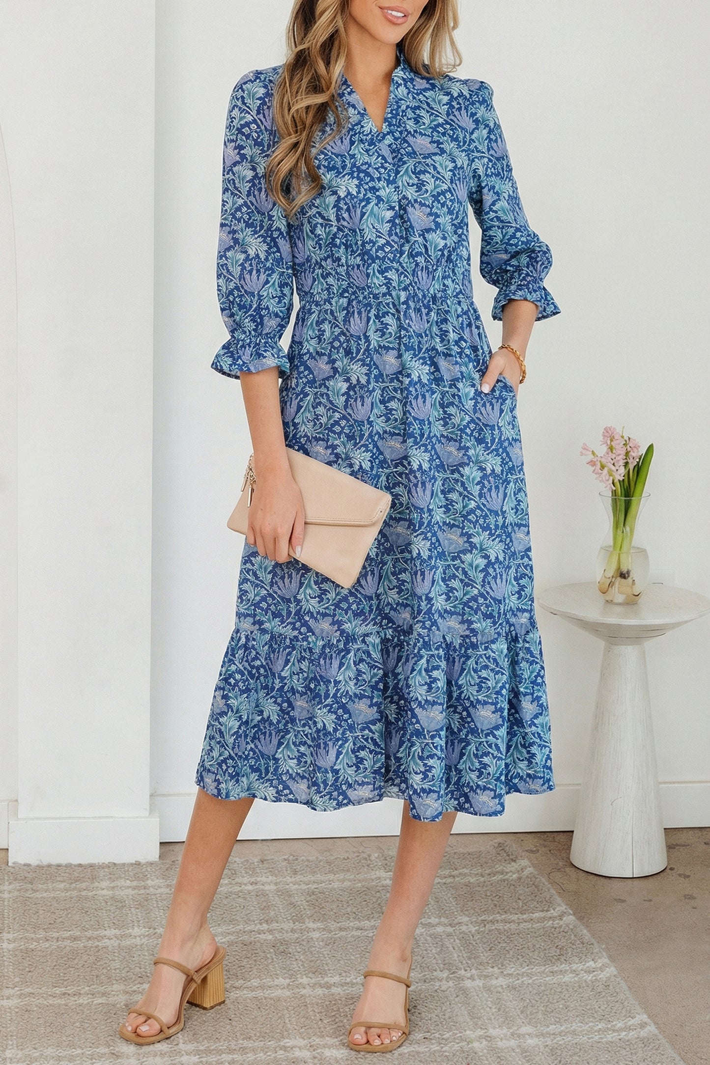 Floral Print Frilled Neck Dress