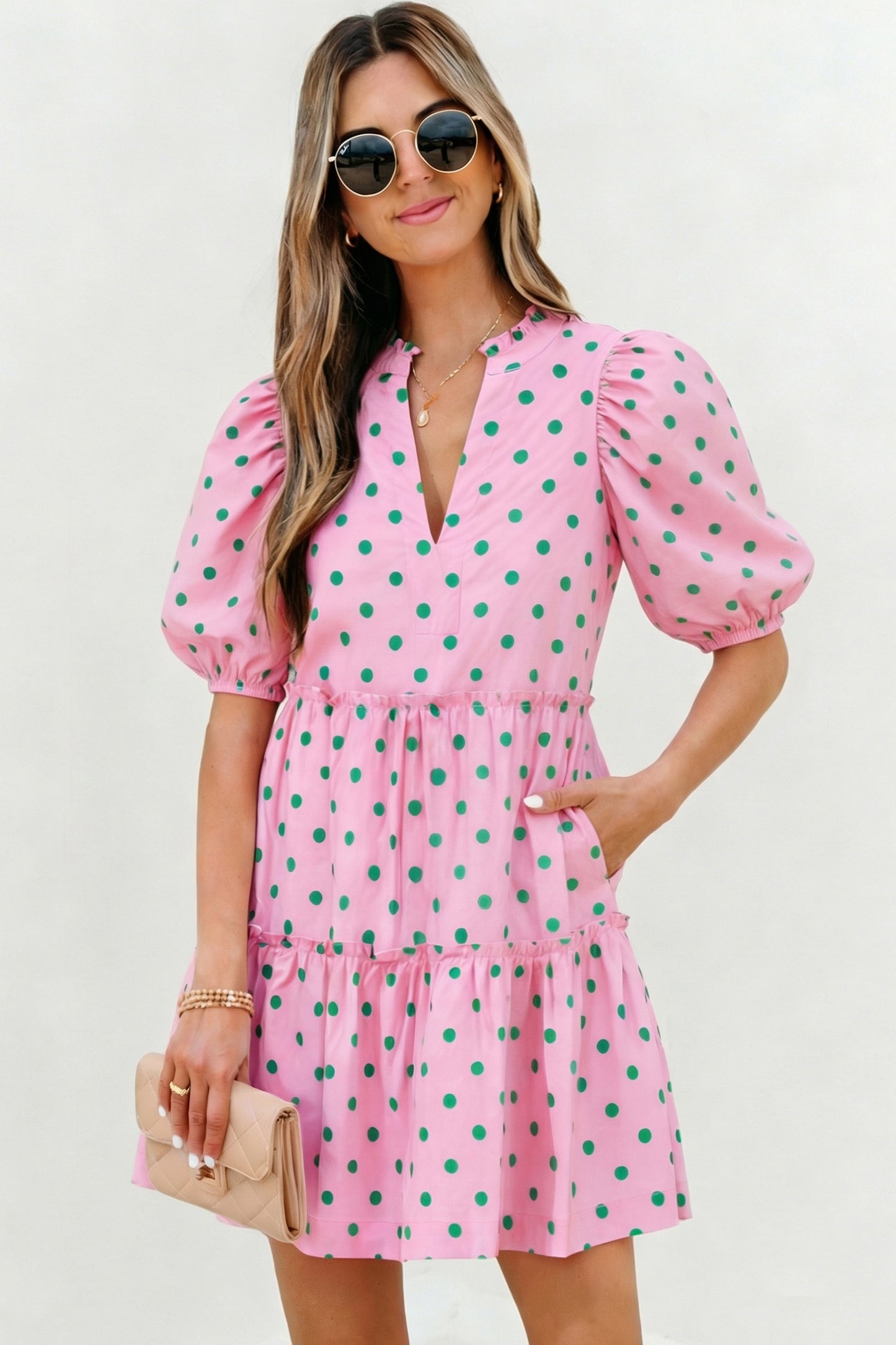 Pink Polka Tiered Mini Dress