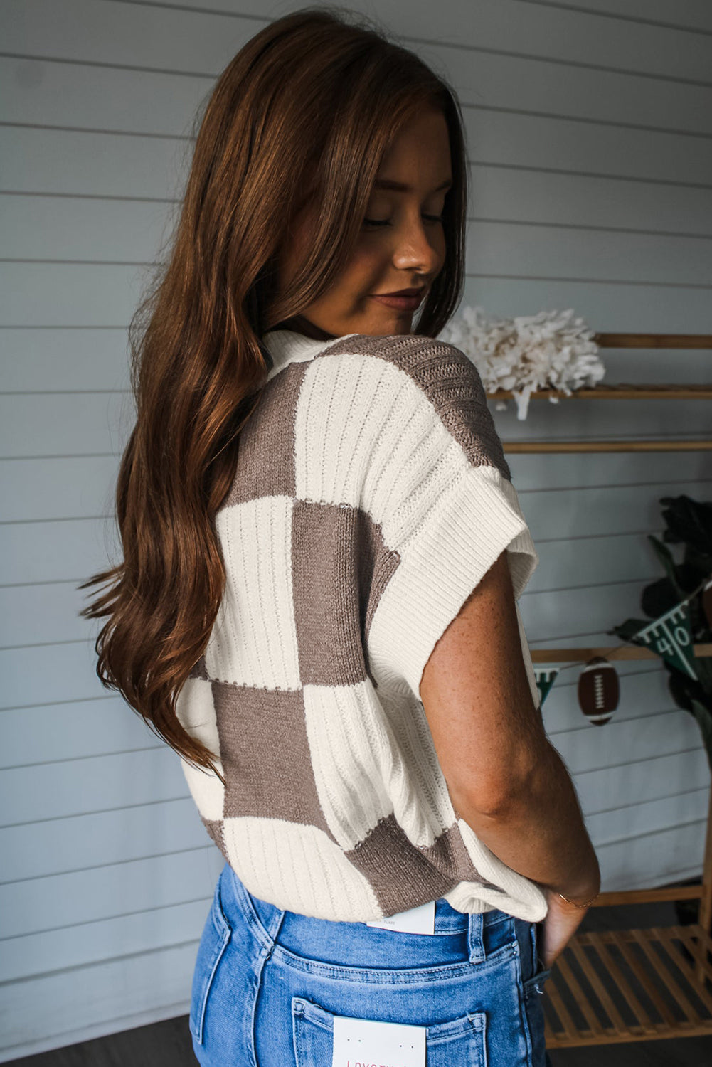 Khaki Checkered Colorblock Crew Neck Sweater