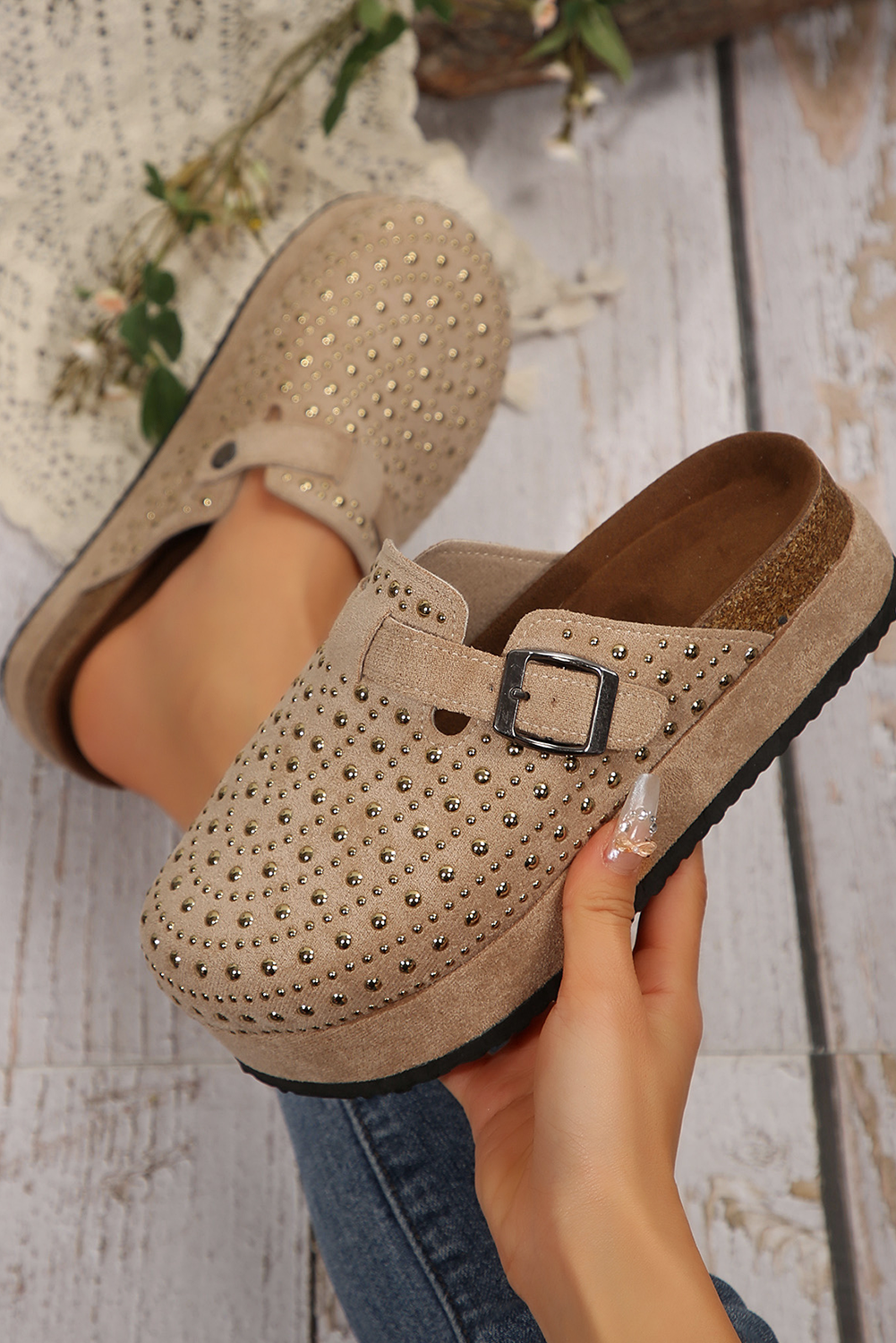Studded Platform Clogs in Parchment