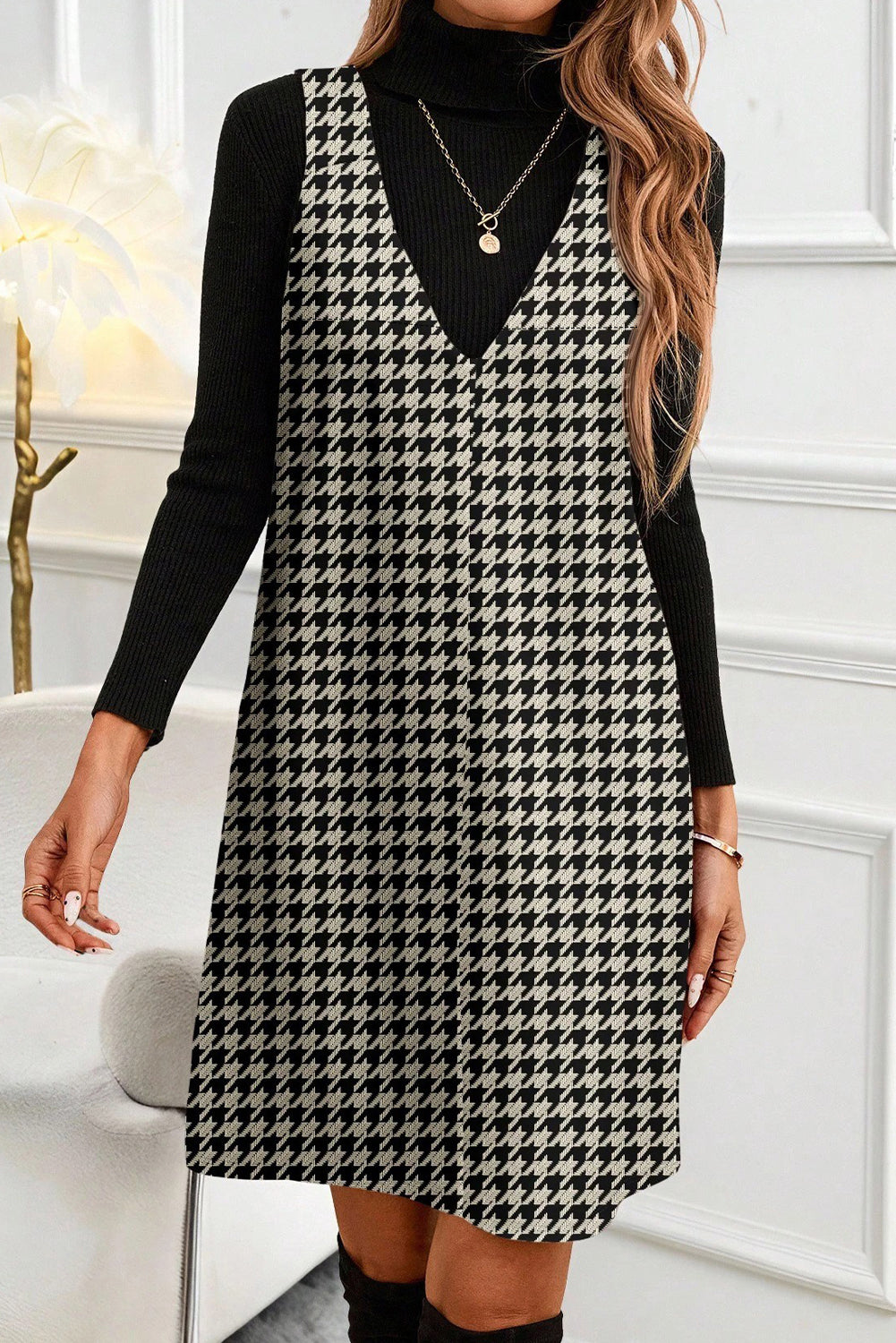 Khaki Houndstooth Sleeveless Mini Dress