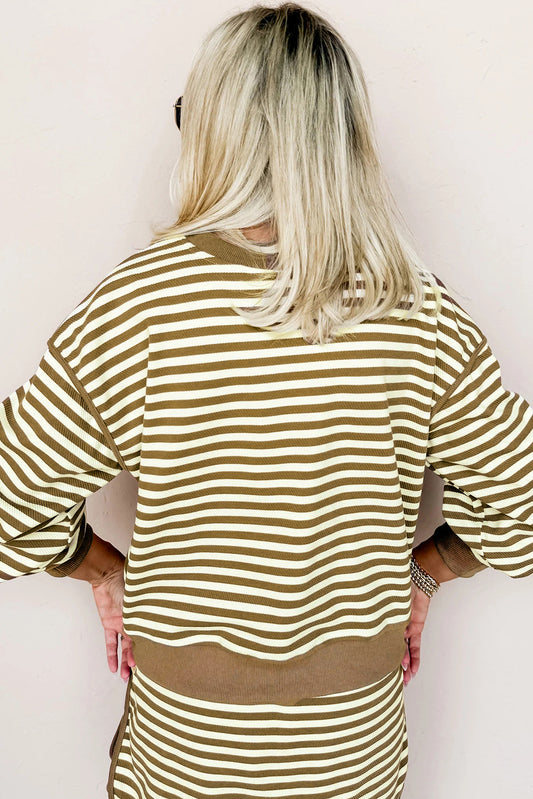 Brown Striped Pullover & Drawstring Skirt 2pc Set