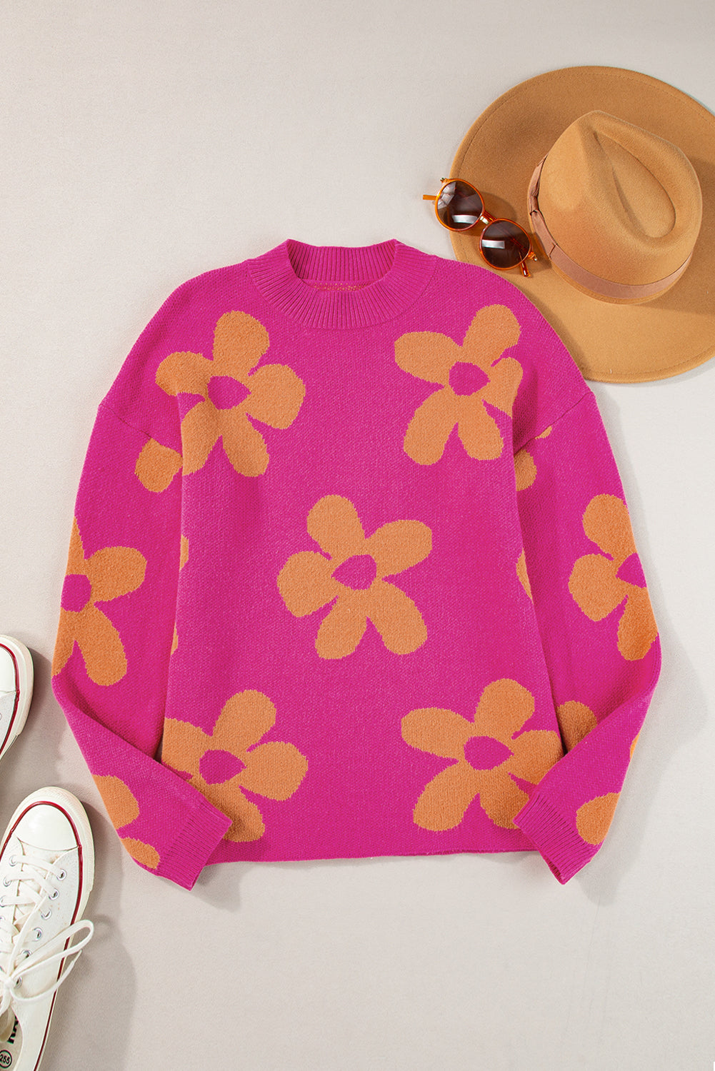 Bright Flower Mock Neck Sweater