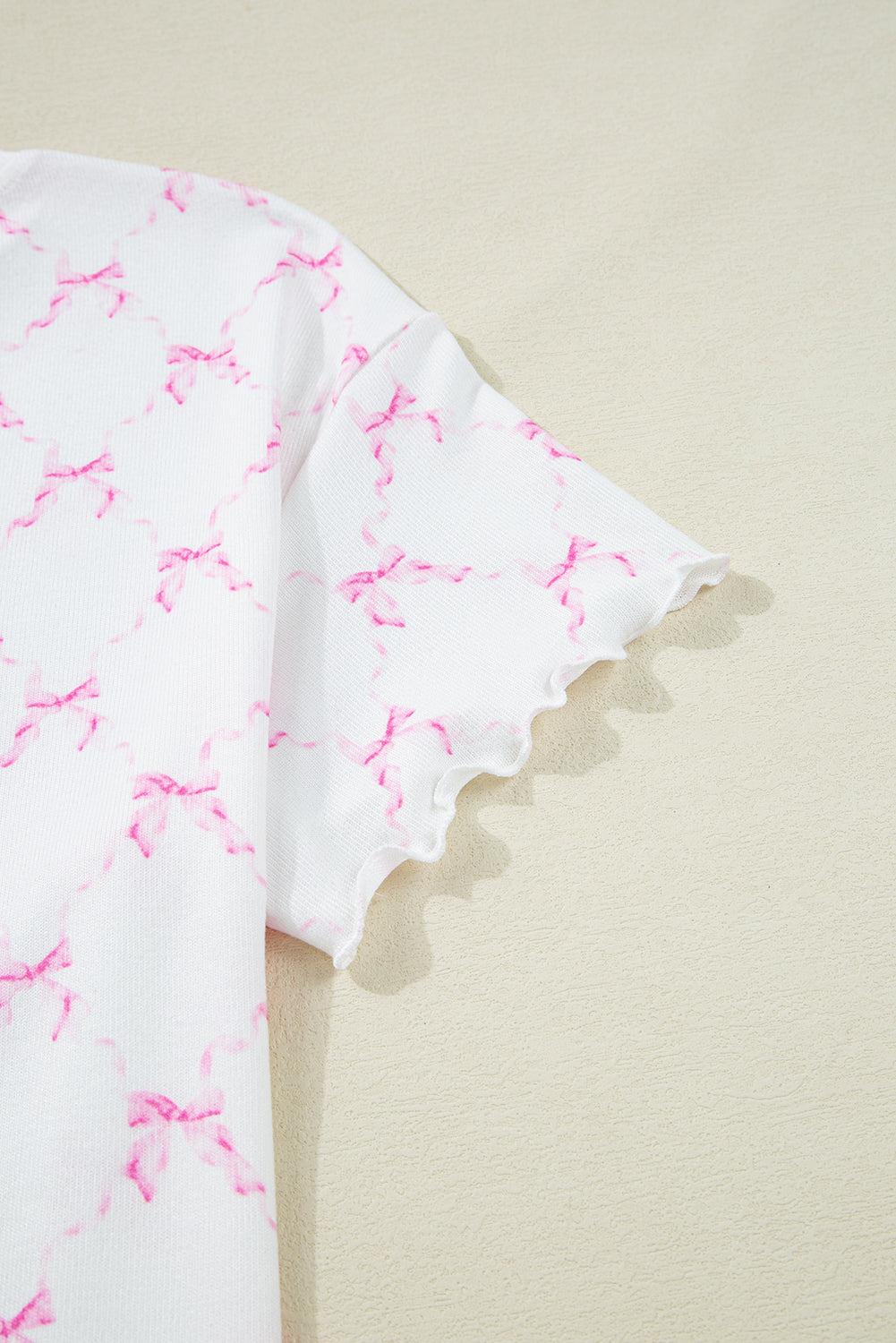 Pink Bow Print Lettuce Trim Lounge Set
