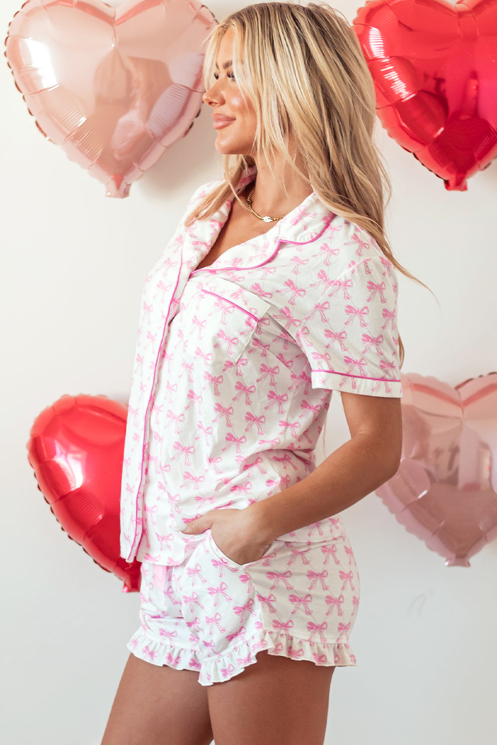 Pink Bow Ruffled Shorts Pajama Set