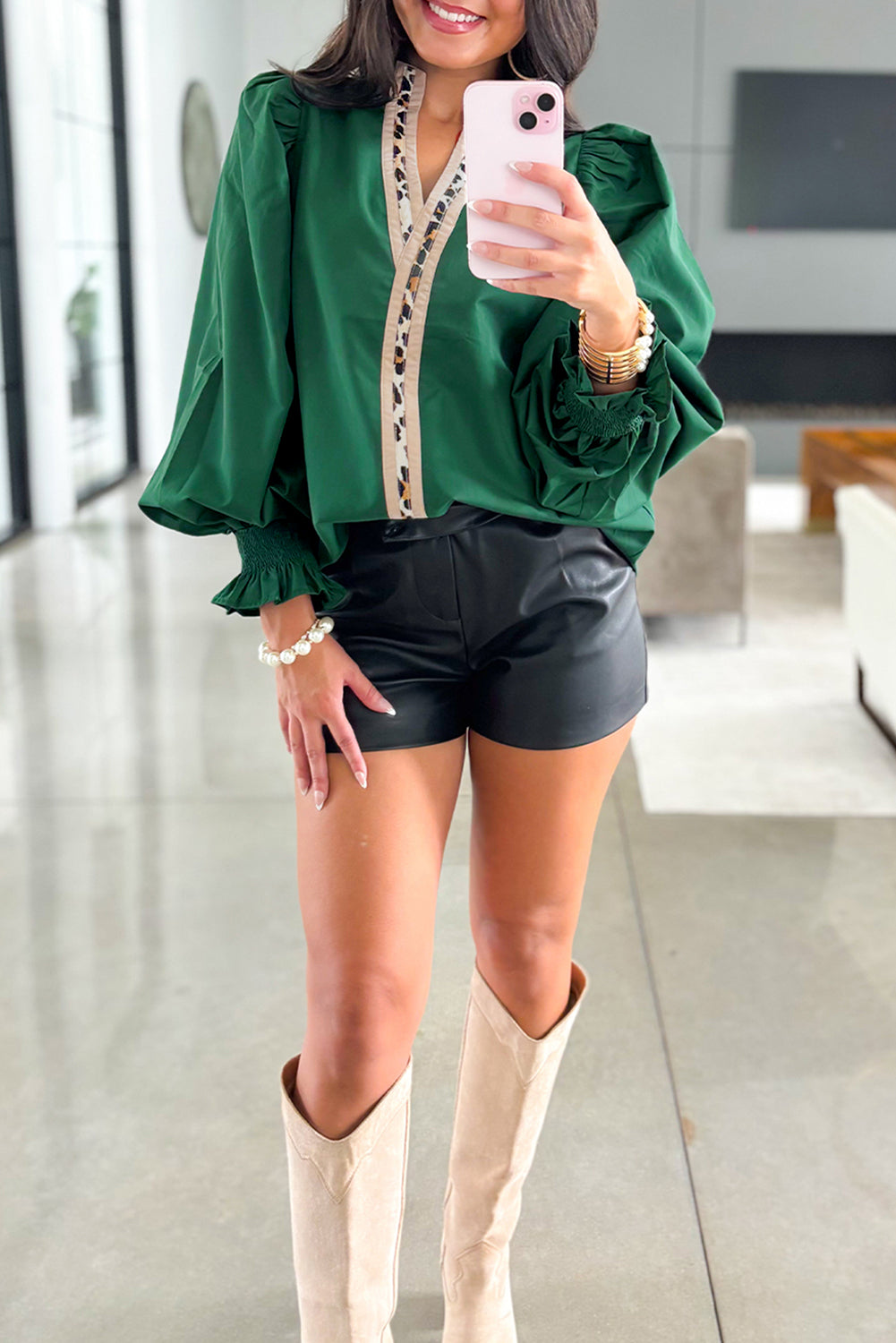 Evergreen Leopard Trim Blouse