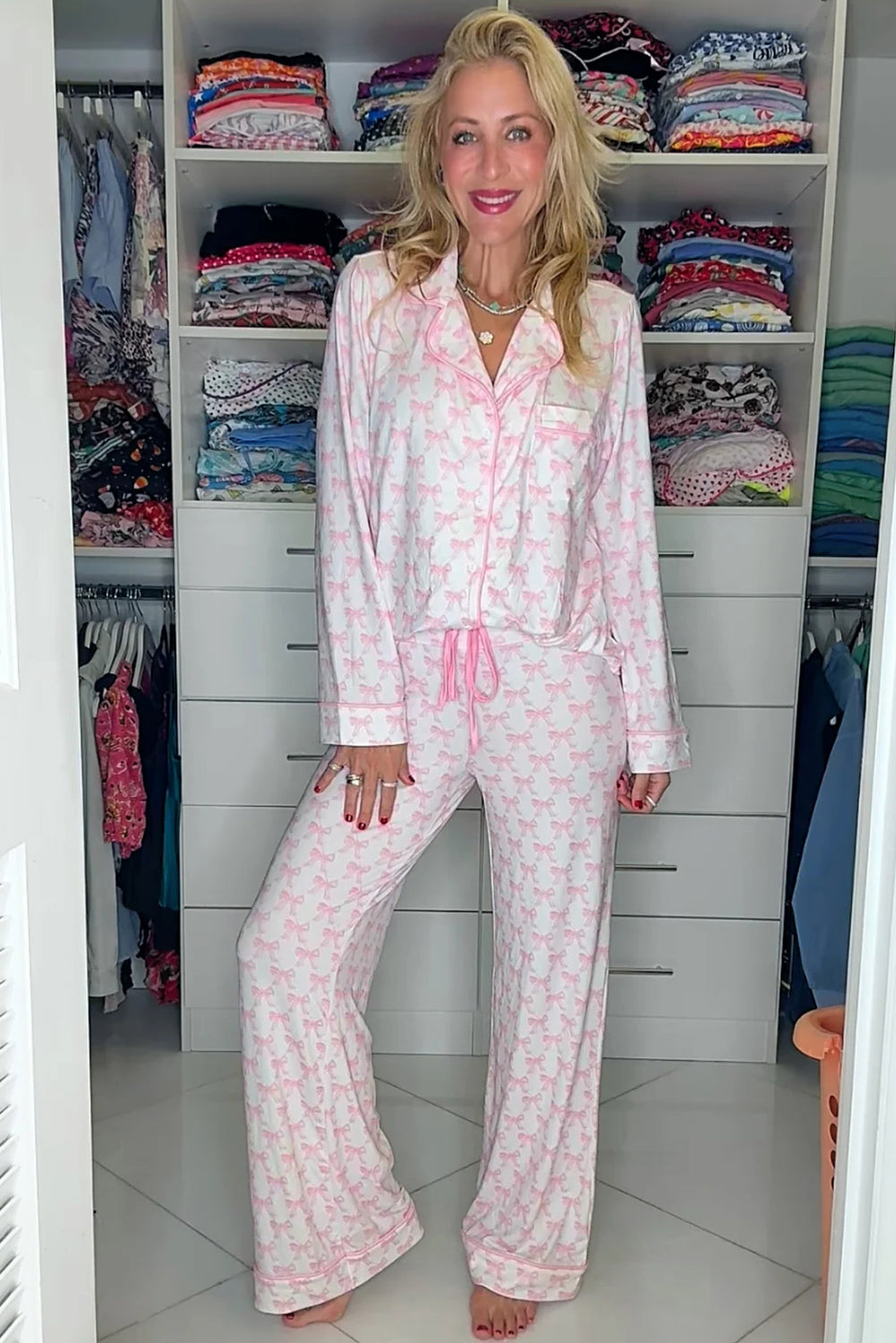 Bow Print Soft Pajama Set in Pink