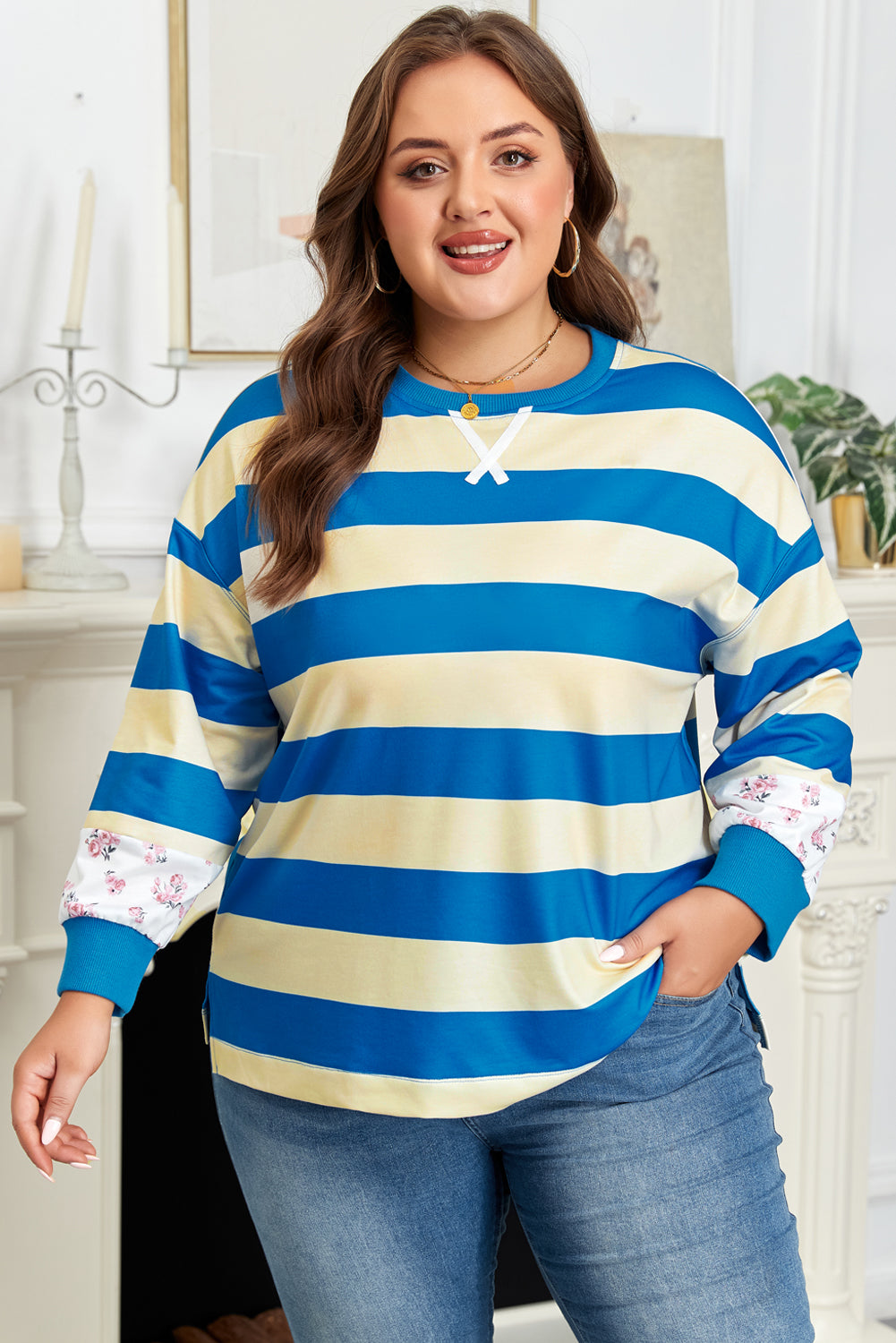 Blue & White Striped Plus Size Pullover