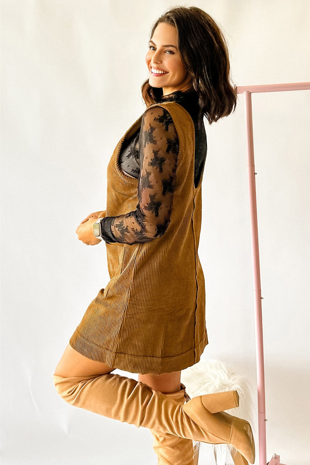 Corduroy Mini Dress With Patched Pockets in Beige