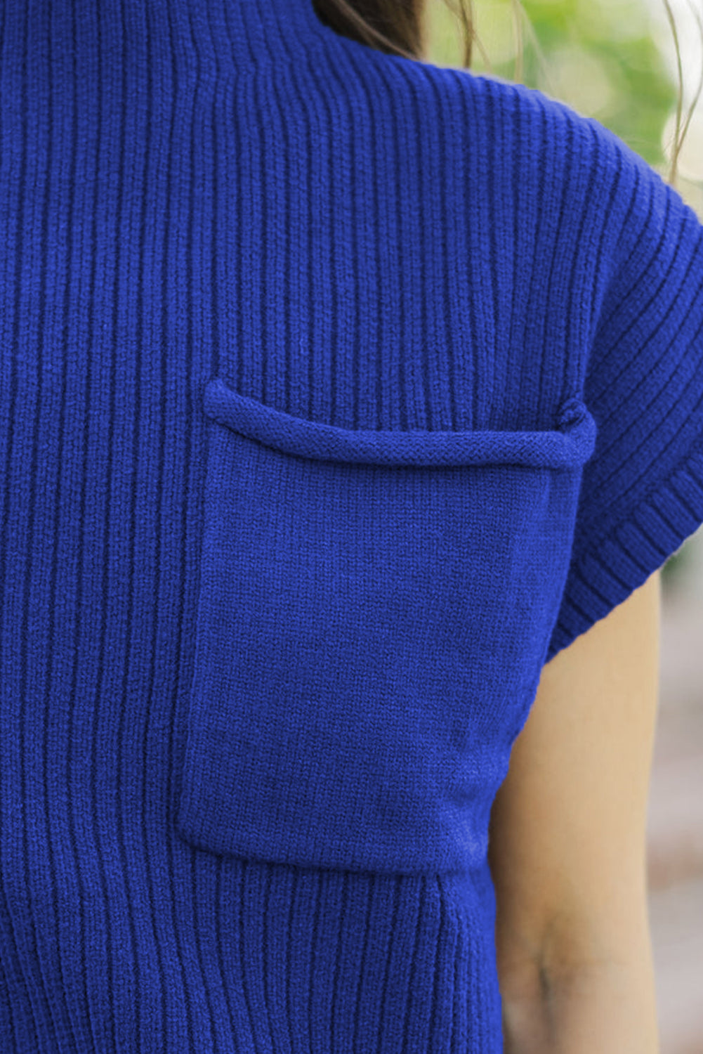 Patch Pocket Ribbed Knit Sweater in Dark Blue