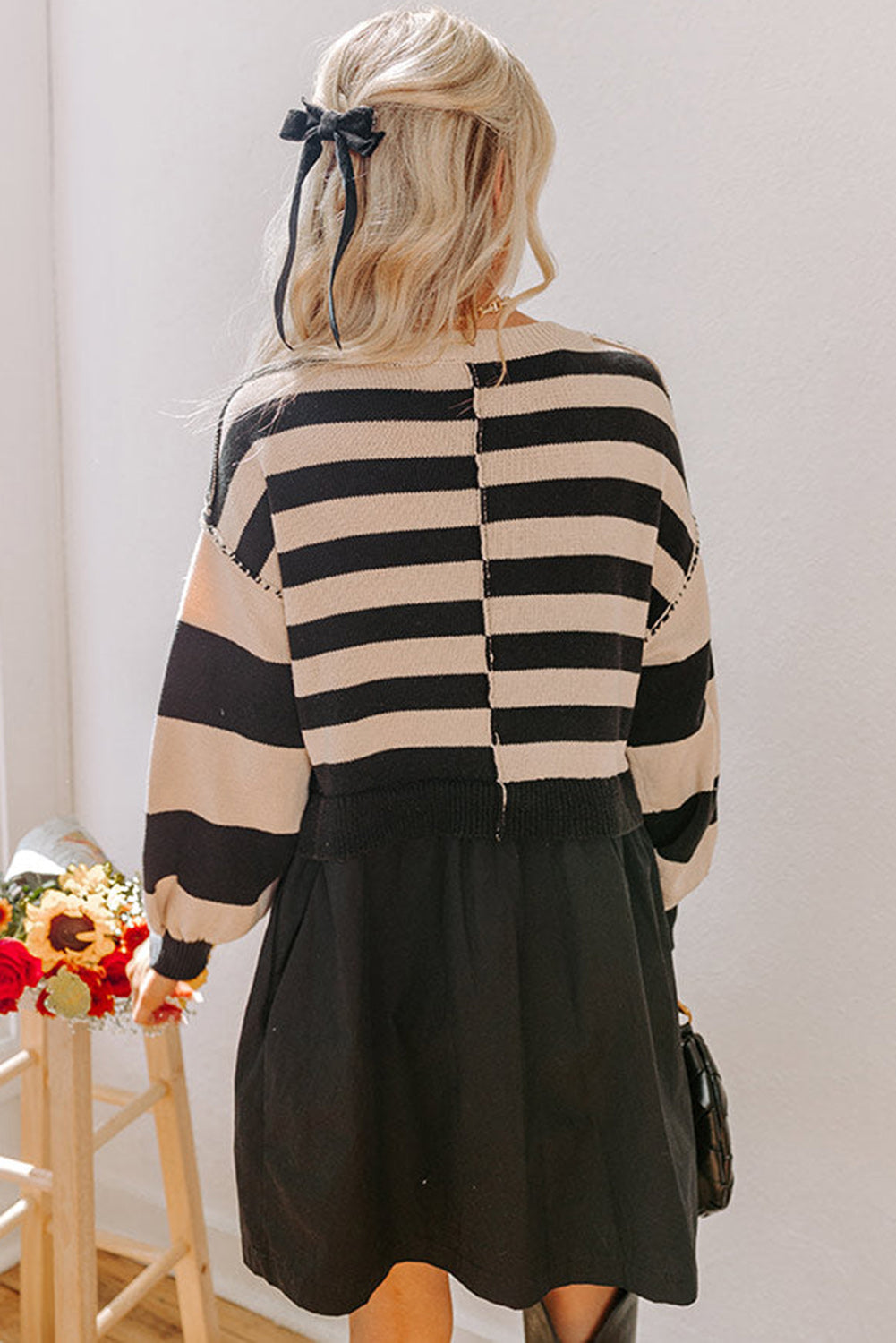 Knit Sweater Dress in Black/White Colorblock