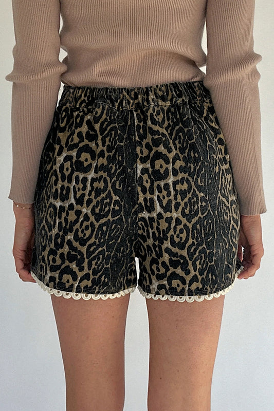 Scalloped Leopard Denim Shorts