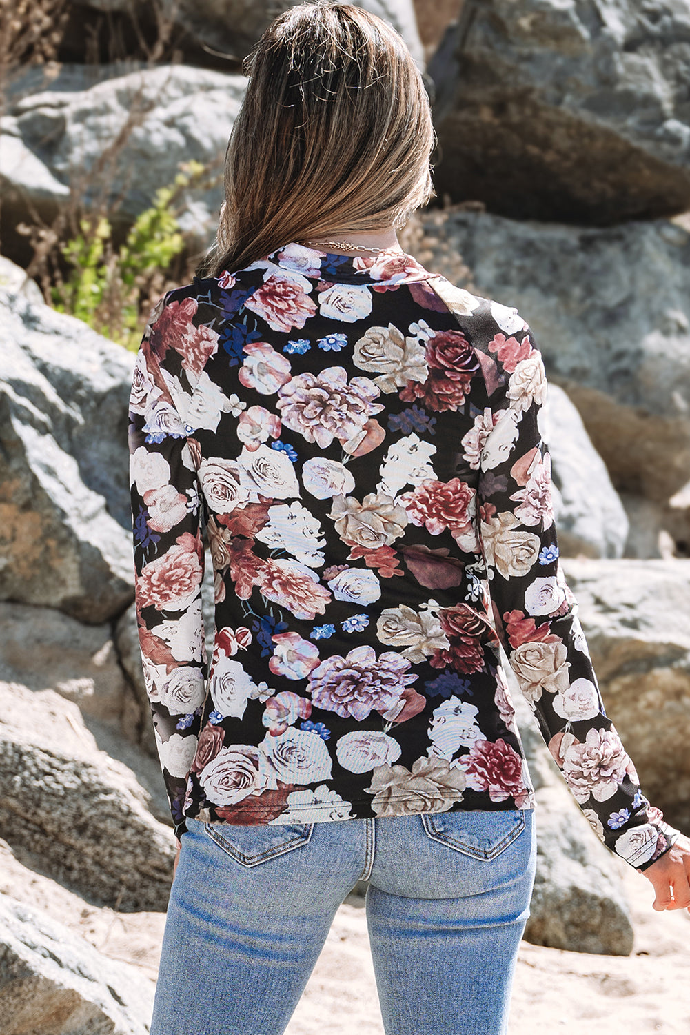 Floral Print Mesh Long Sleeve Top
