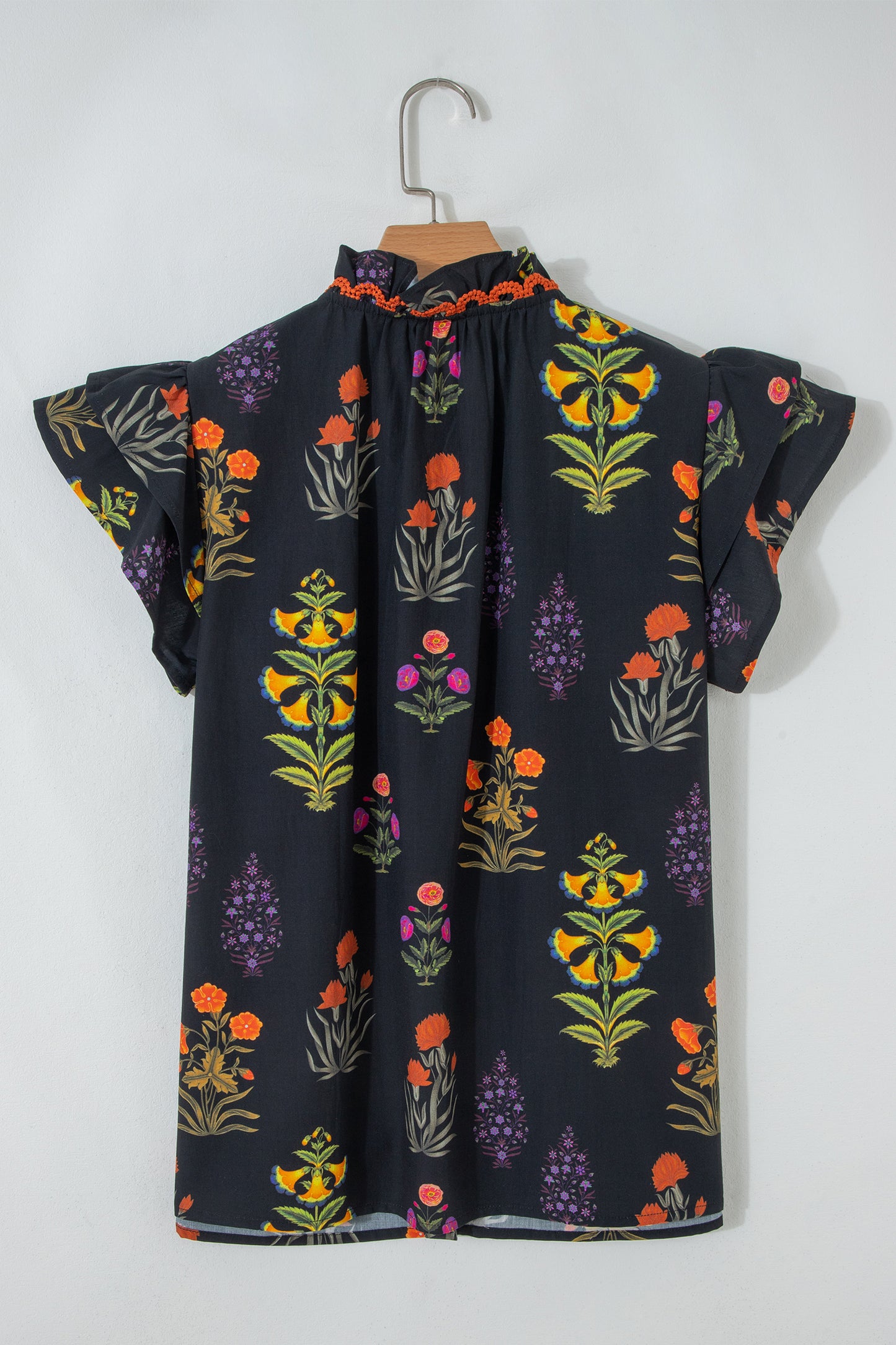 Black Floral Print V Neck Blouse