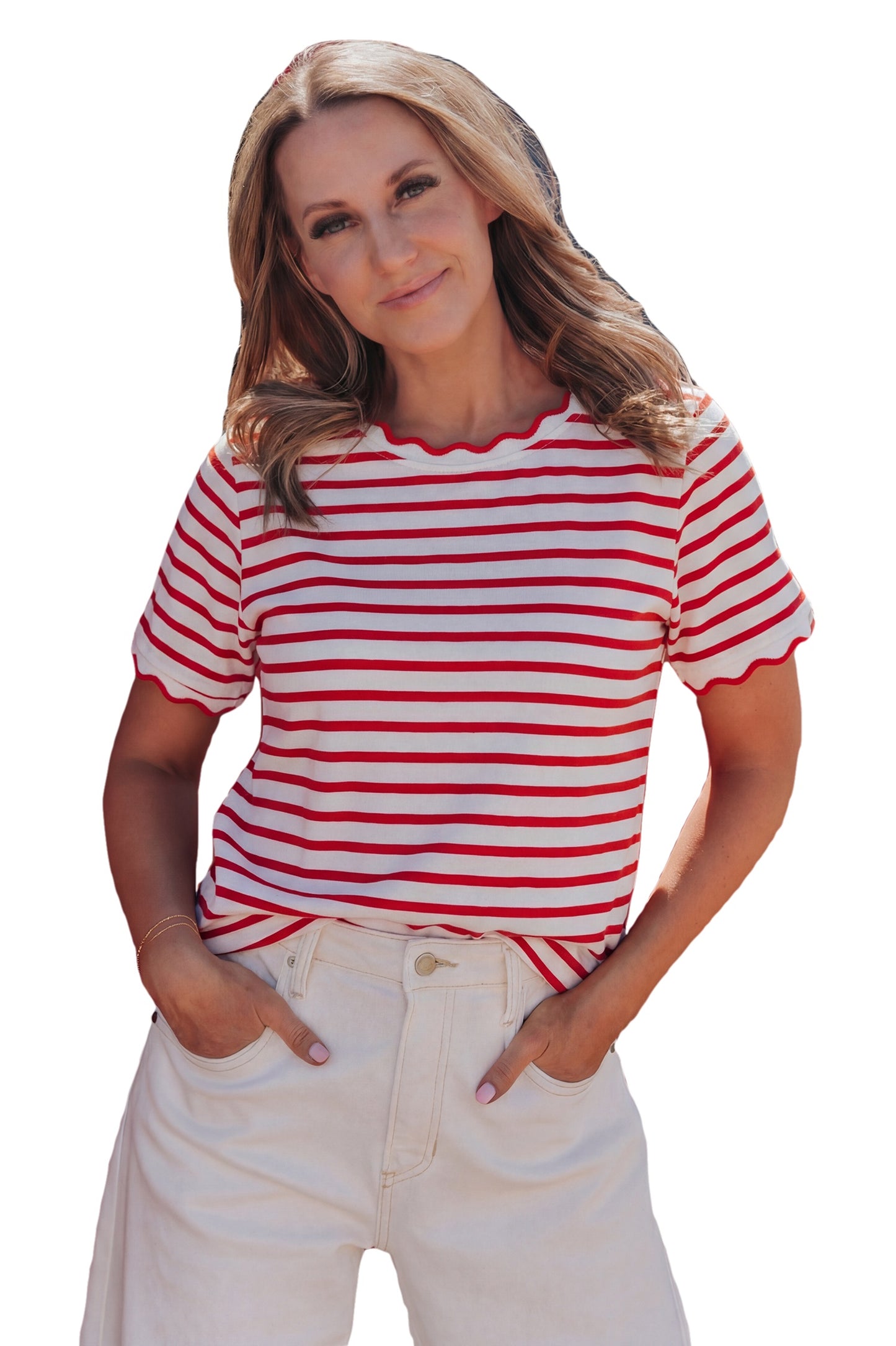 Red Stripe Scalloped Trim Tee