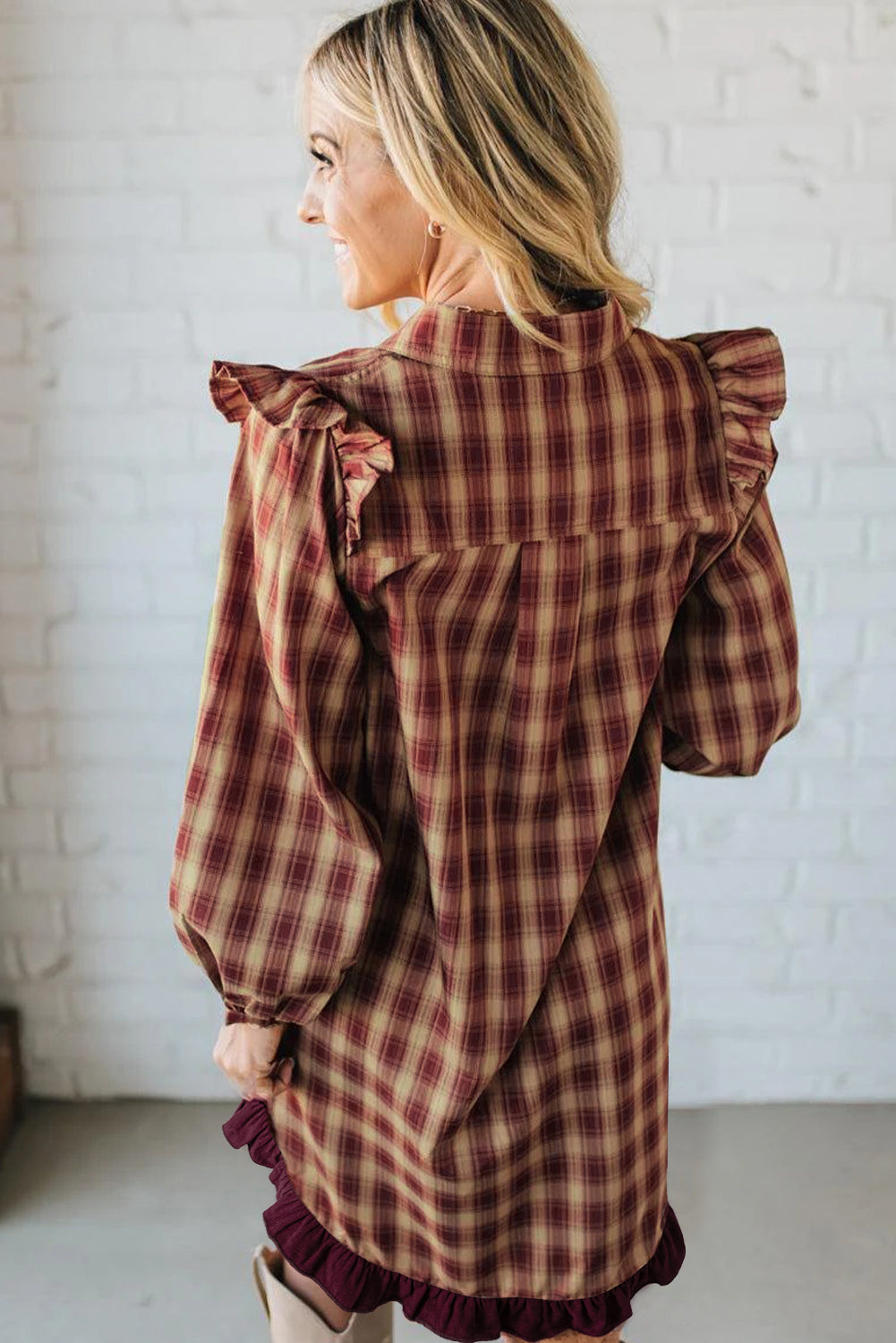 Red Plaid Ruffled Sleeve Mini Shirt Dress