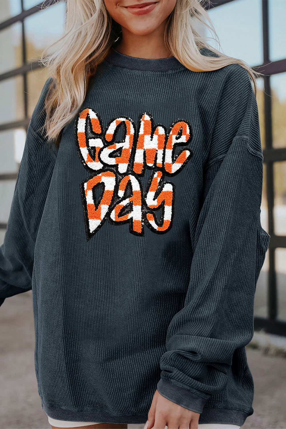 Dark Grey Chenille Checkered Game Day Sweatshirt