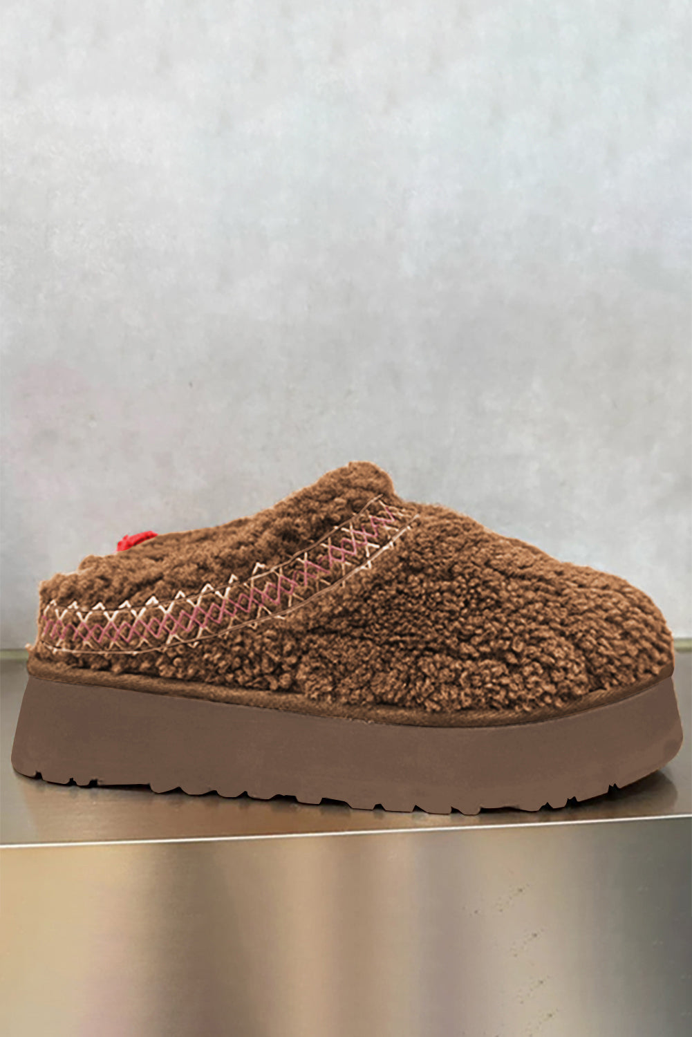 Plush Chestnut Sherpa Embroidered Thick Sole Boots