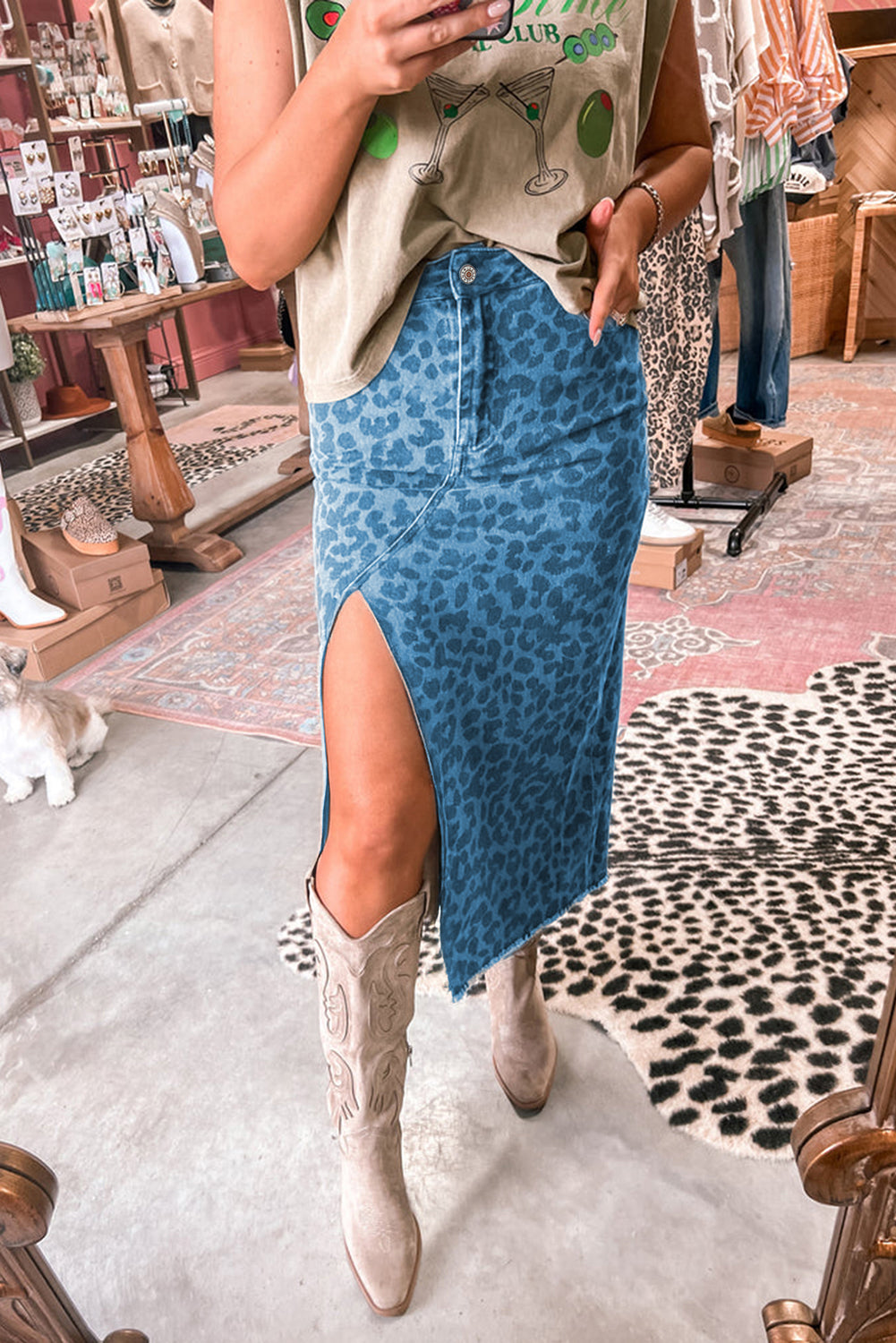 Sky Blue Leopard Denim Midi Skirt