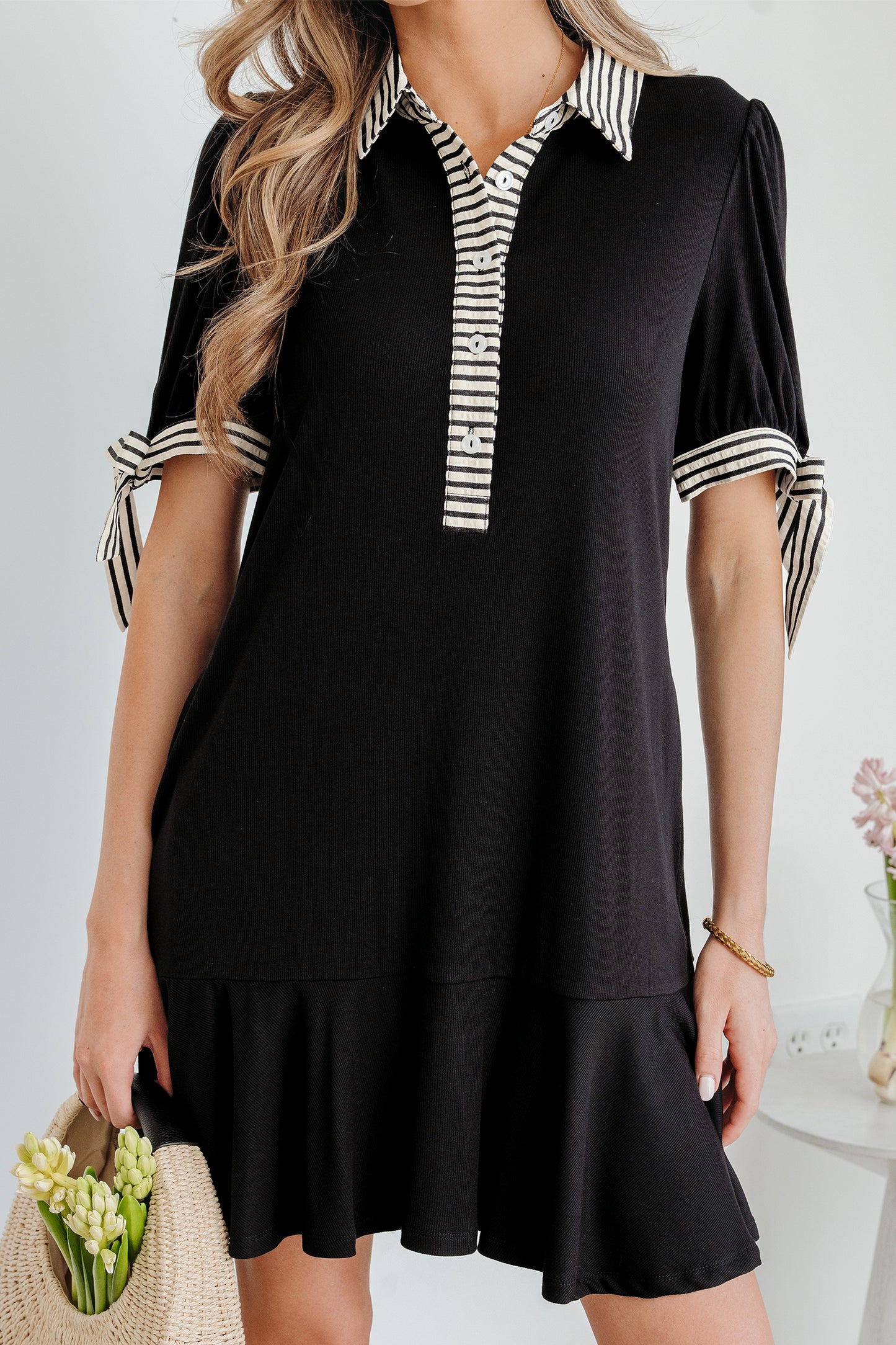 Black Stripe Detail Polo Dress