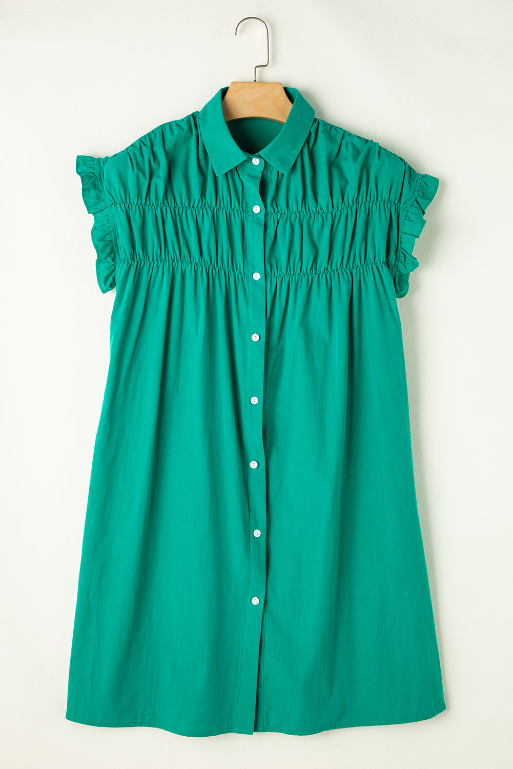Shirred Ruffle Sleeve Shirt Dress