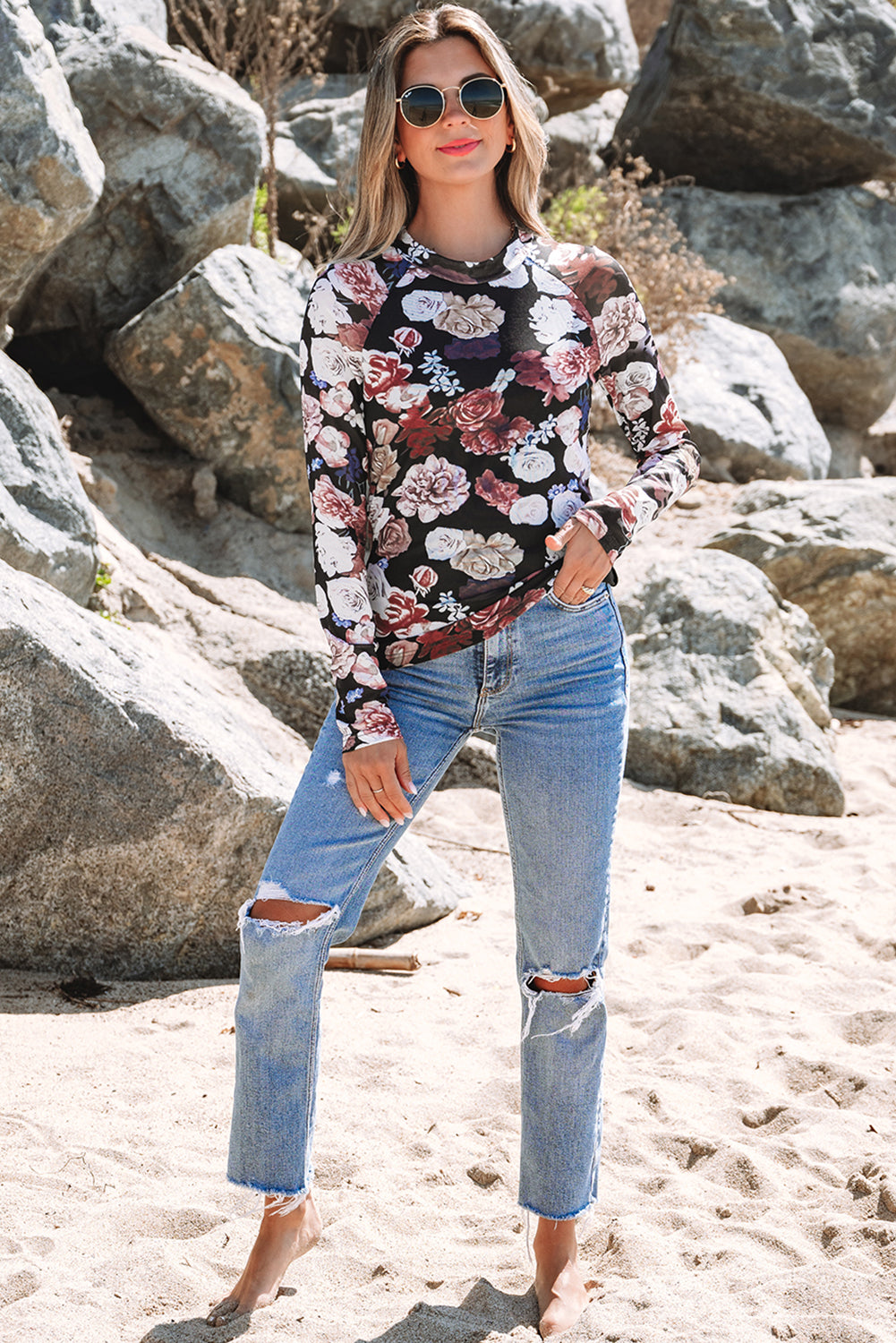 Floral Print Mesh Long Sleeve Top