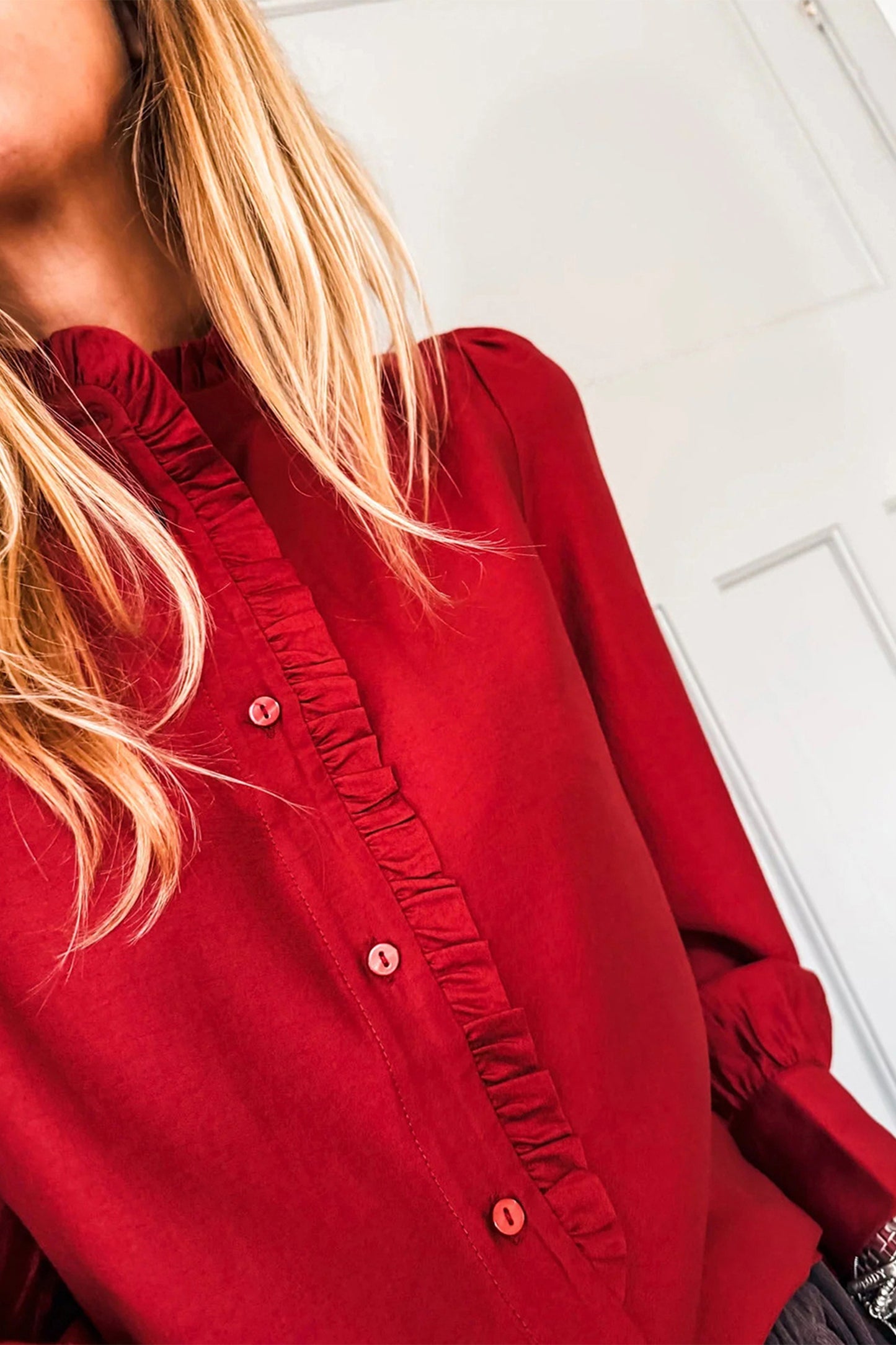 Fiery Red Frilled Trim Button Down