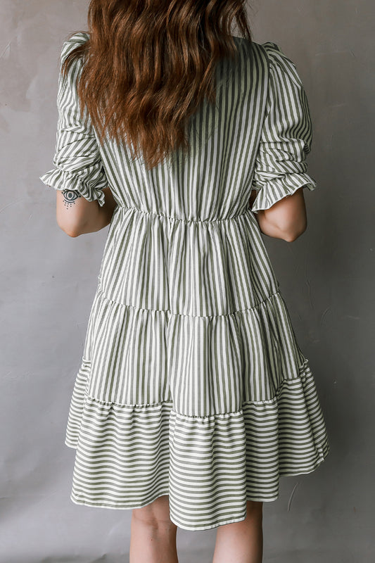 Green Stripe Ruffle Tiered Dress