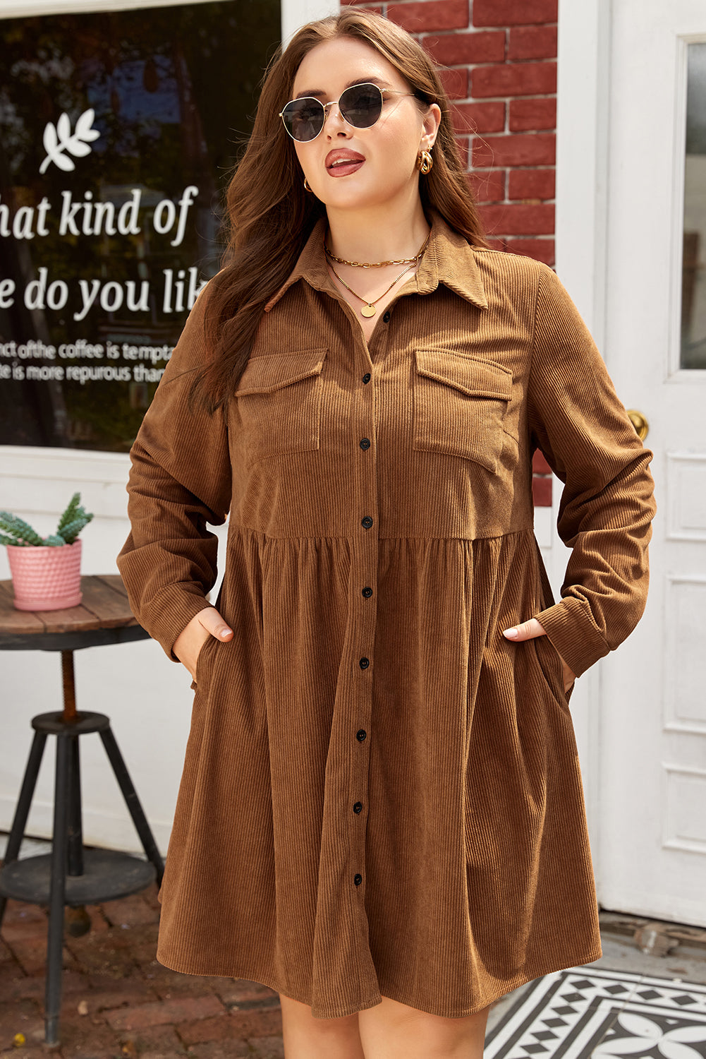 Camel Corduroy Plus Size Shirt Dress