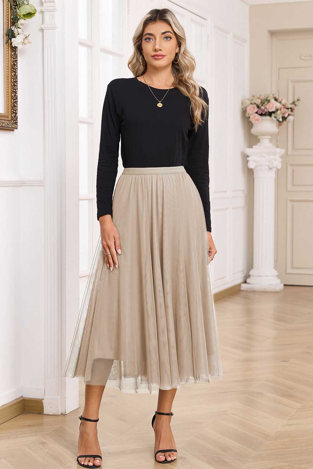 Apricot Tulle Midi Skirt