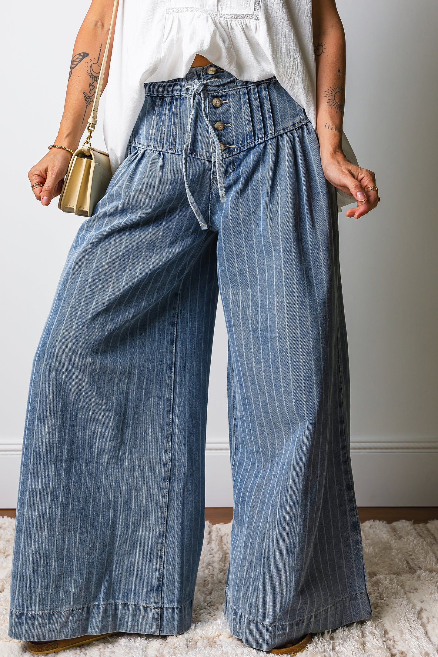 Blue Striped Pleated Wide Leg Jeans