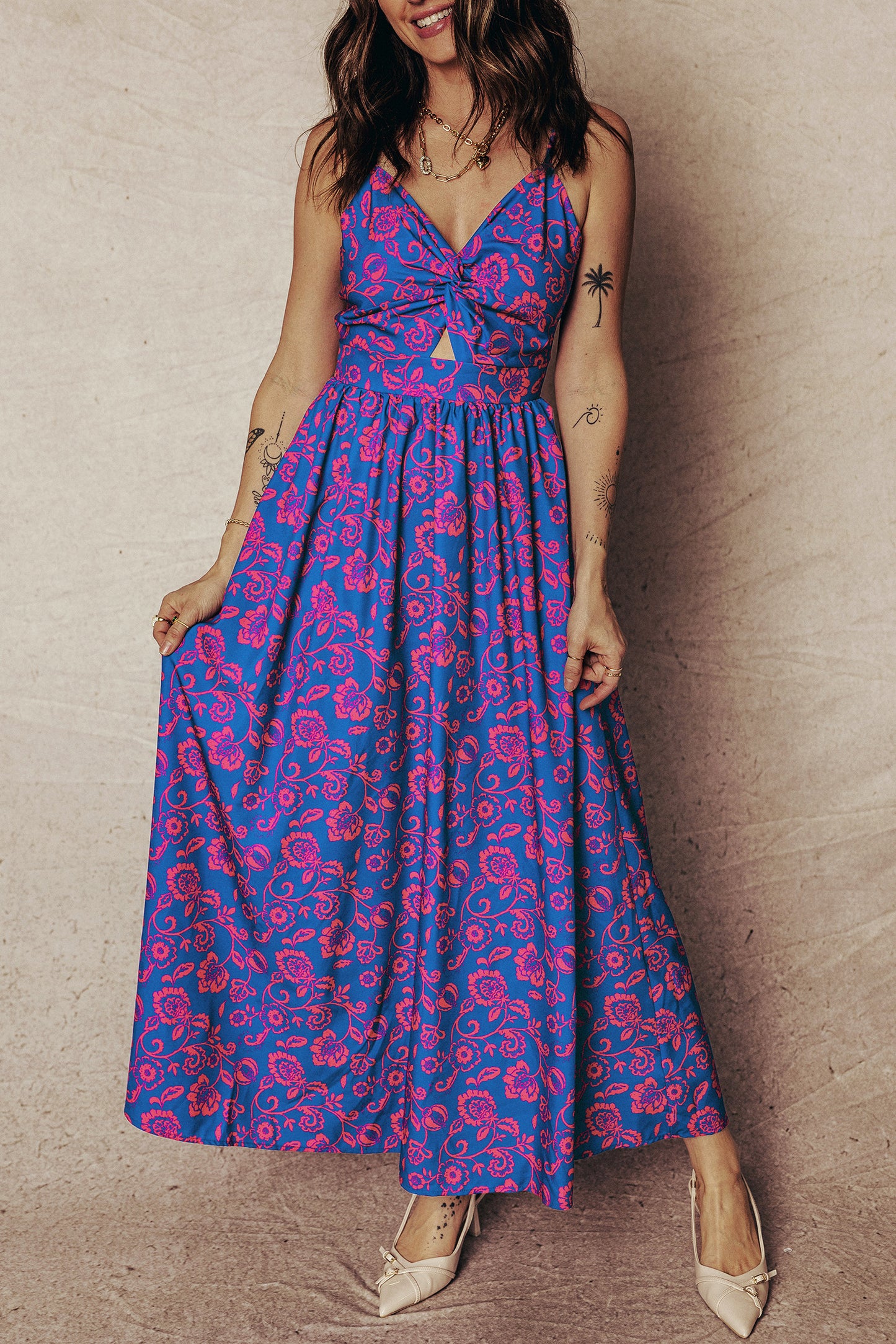 Blue Floral Tie Back Maxi Dress