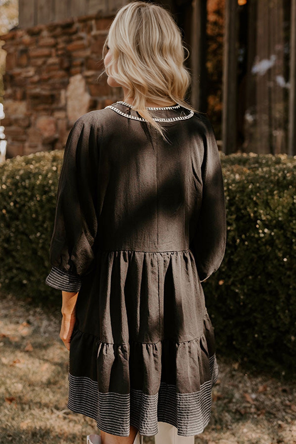 Black Contrast Stitched Tiered Mini Dress