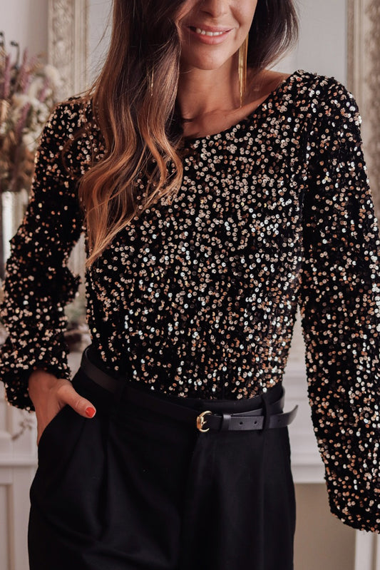Black Sequin Puff Sleeve Bodysuit