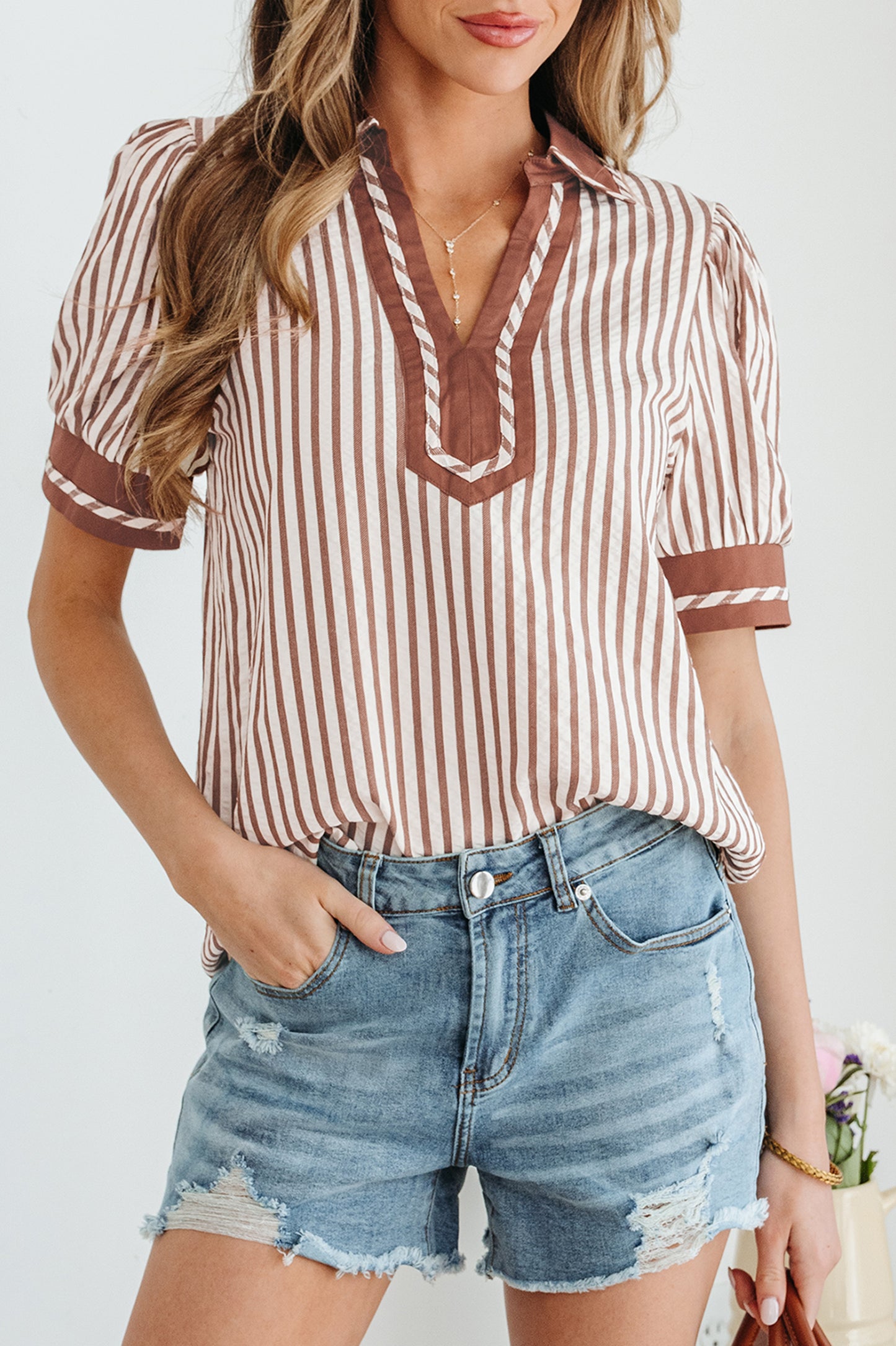 Khaki Striped Bubble Sleeve Blouse