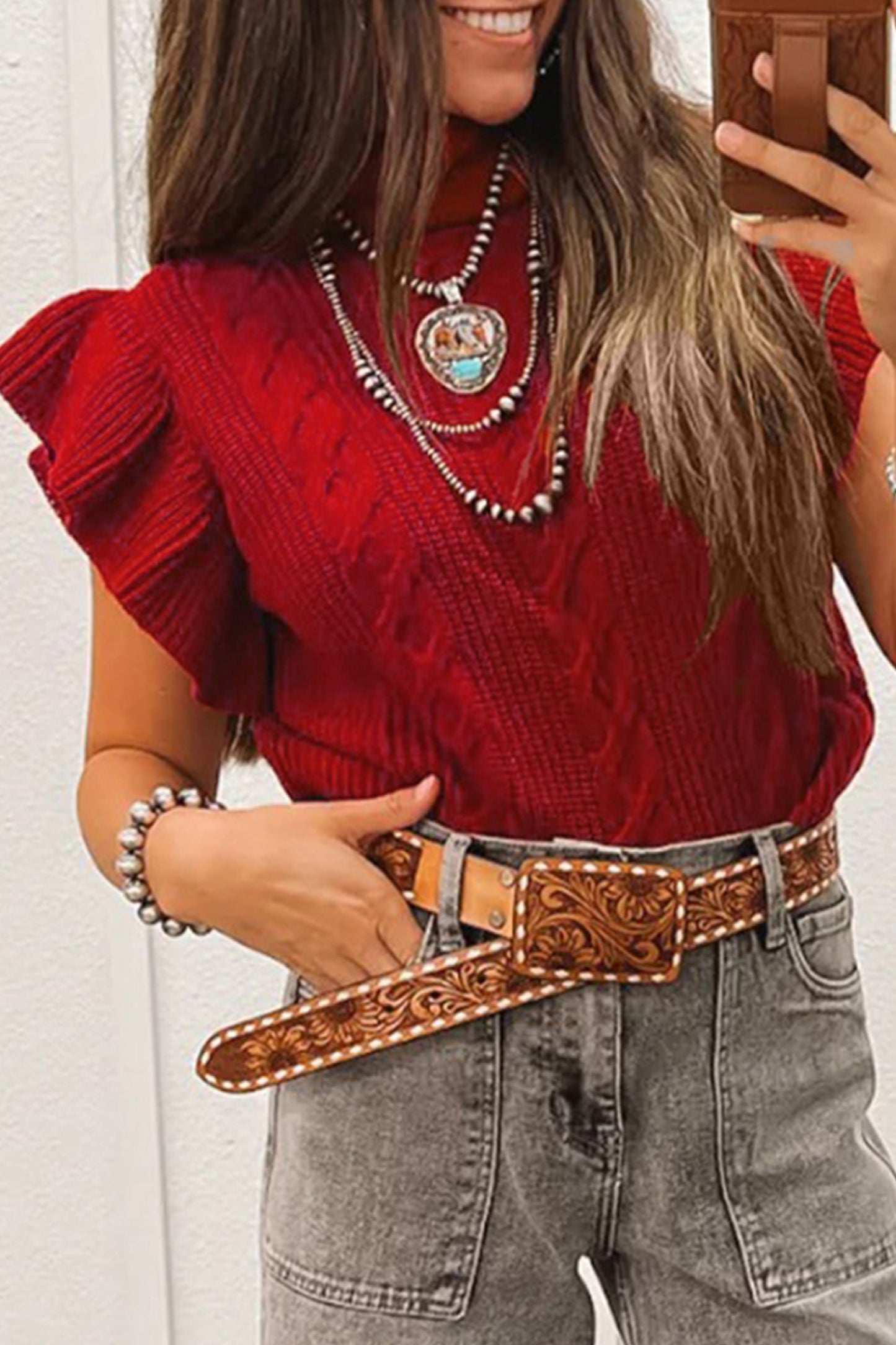 Ruffle Sleeve Cable Knit Sweater