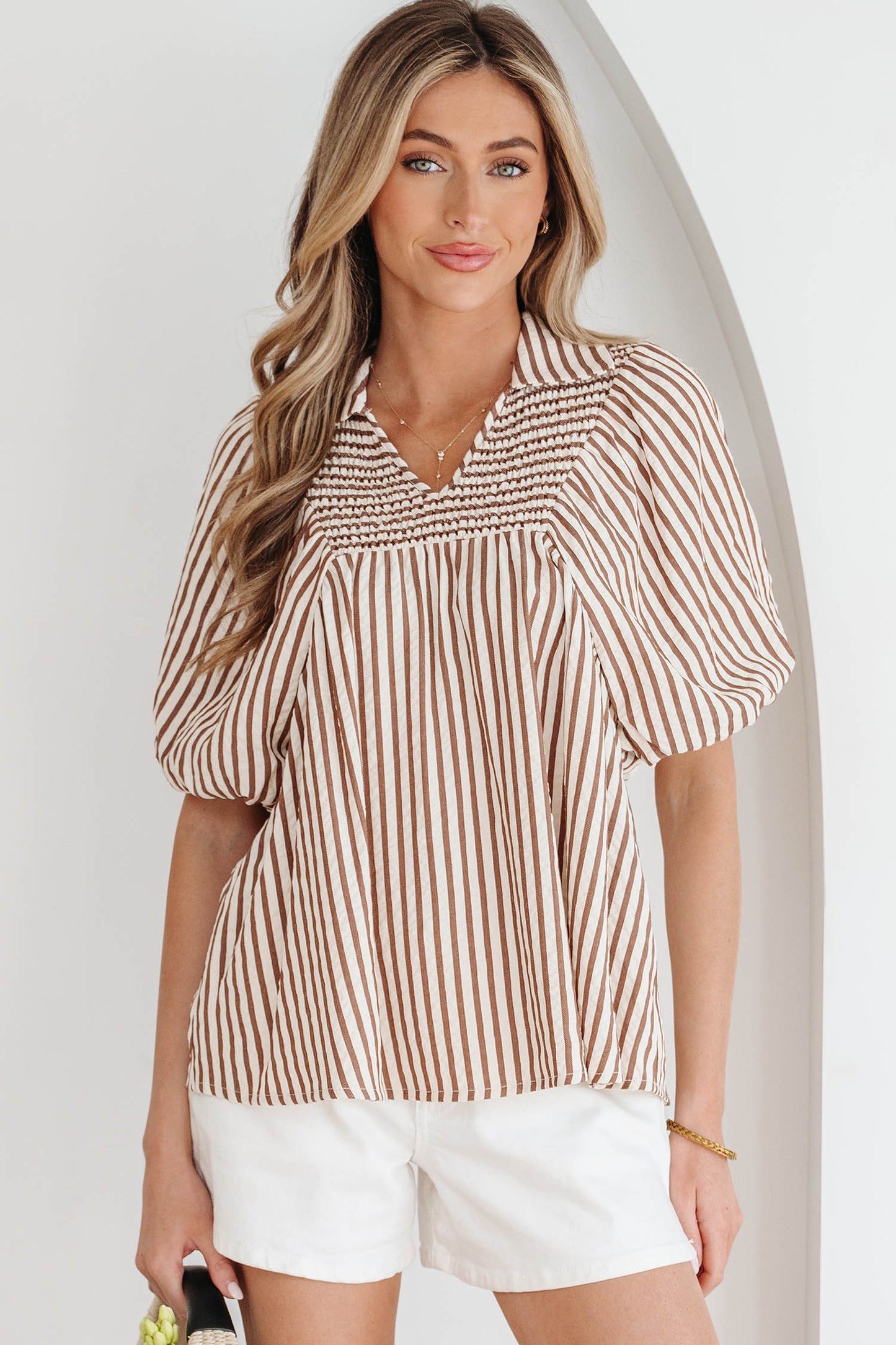 Brown Striped Shirred Blouse