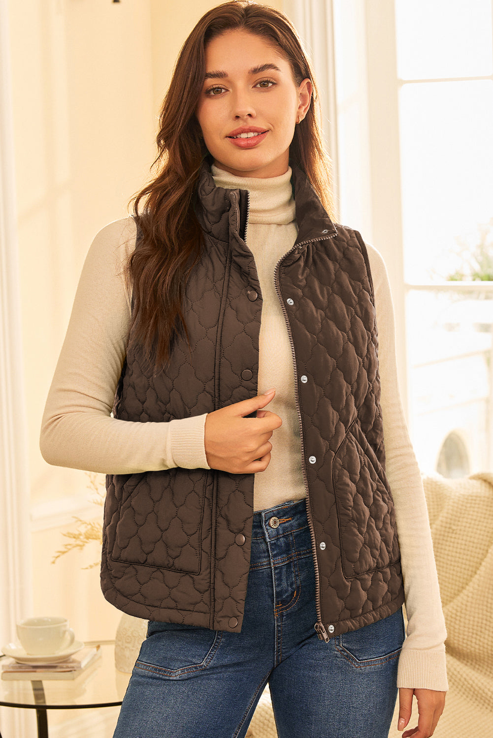 Flower Quilted Snap Button Vest in Brown