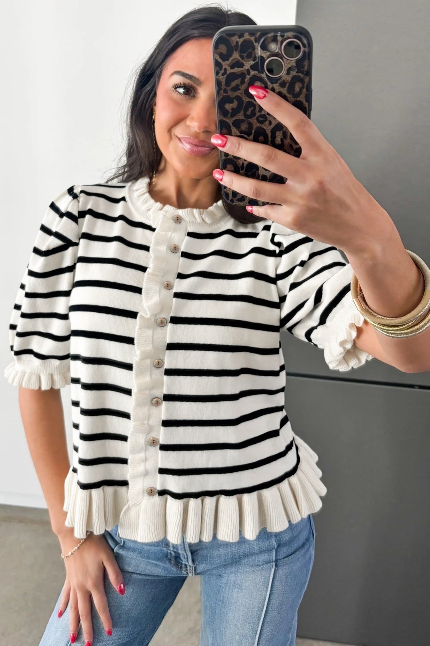 Beige Ruffle Trim Sweater Cardigan
