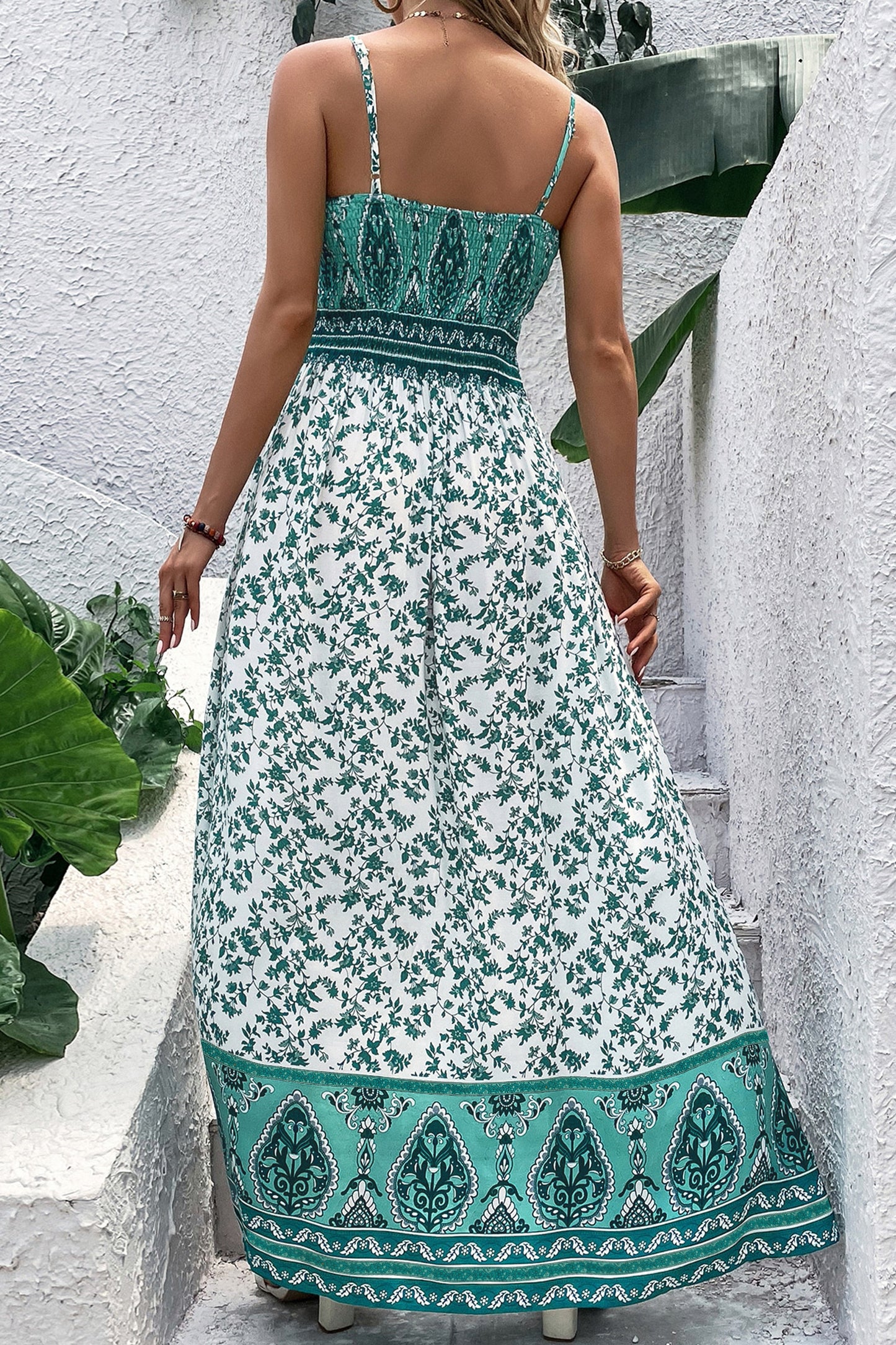 Green Floral Shirred Maxi Dress