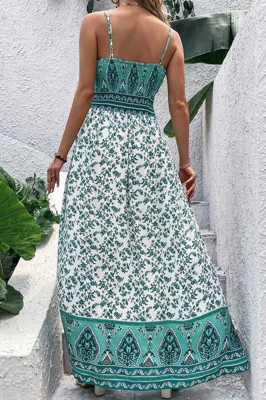 Green Floral Shirred Maxi Dress