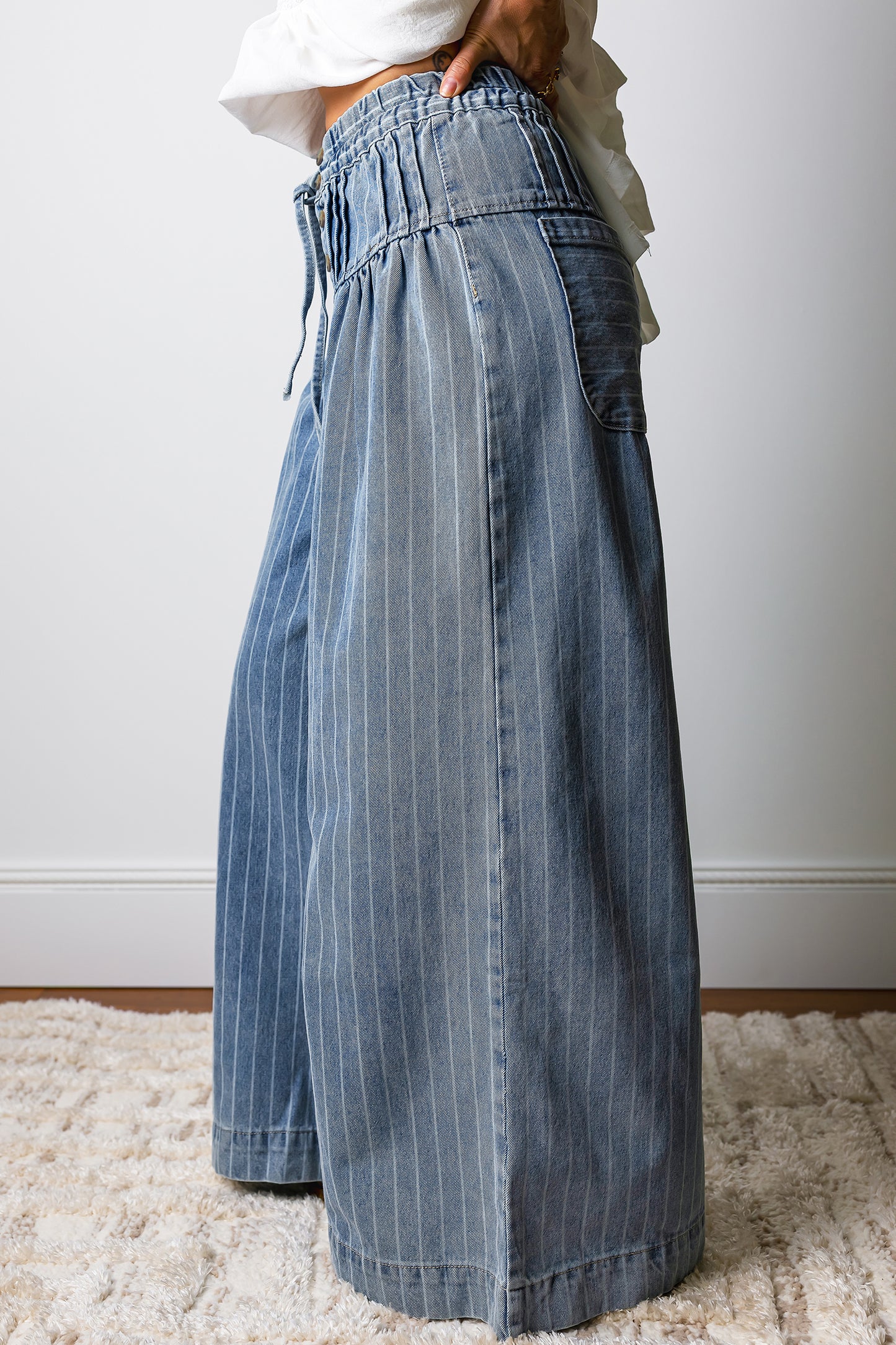 Blue Striped Pleated Wide Leg Jeans