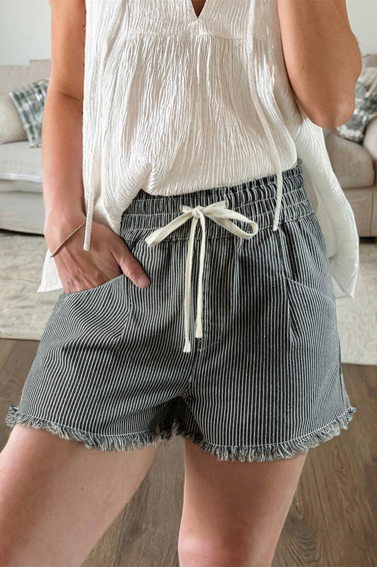Striped Raw Edge Denim Shorts