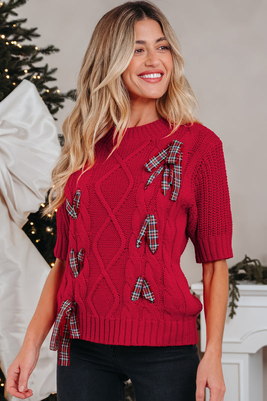Fiery Red Plaid Lace-up Detail Sweater