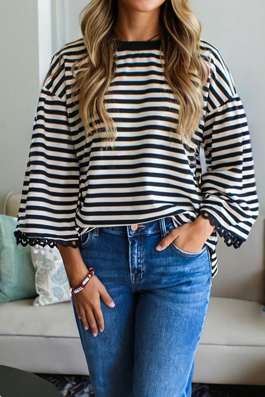 Black Striped Lace Trim Top