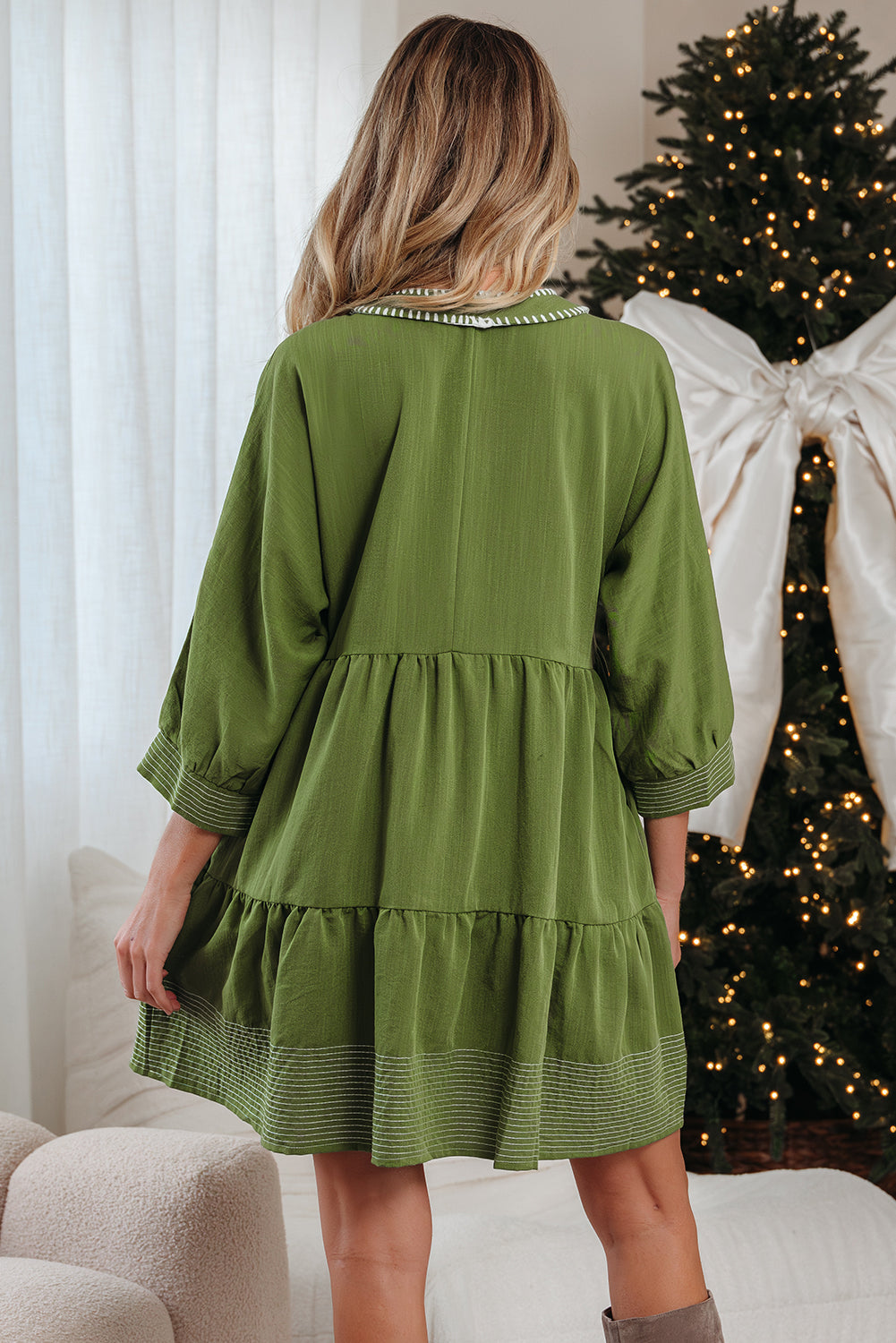 Olive Green Contrast Stitched Tiered Mini Dress