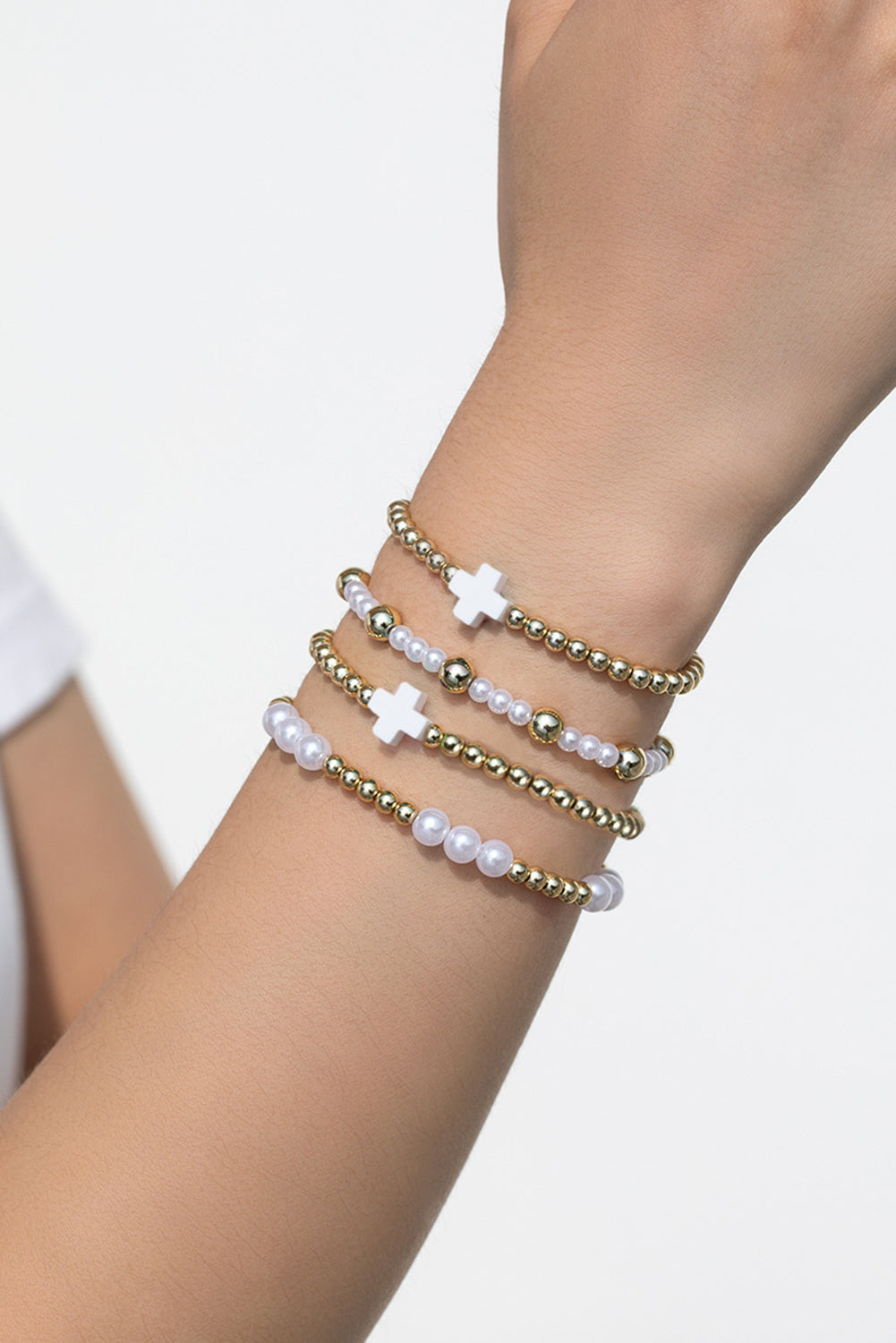 Cross & Pearl Beaded Multi Layered Bracelet