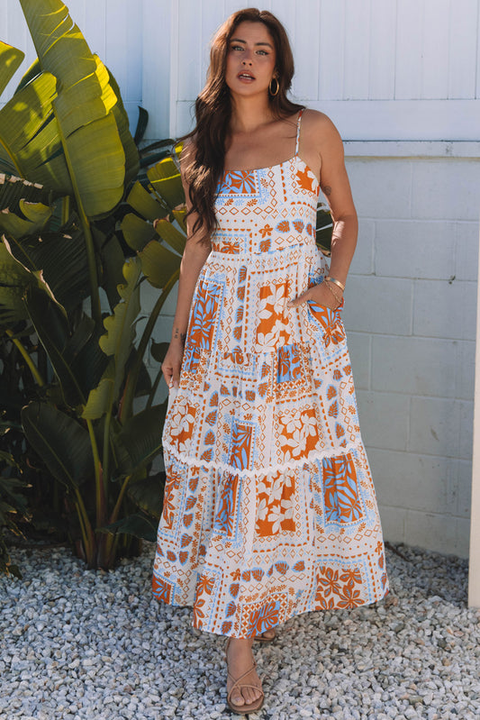 Orange Patchwork Print Maxi Dress