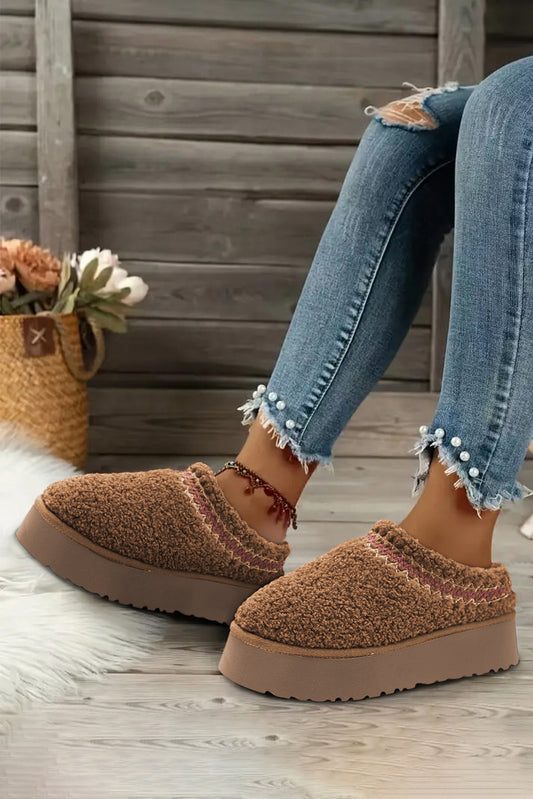 Plush Chestnut Sherpa Embroidered Thick Sole Boots