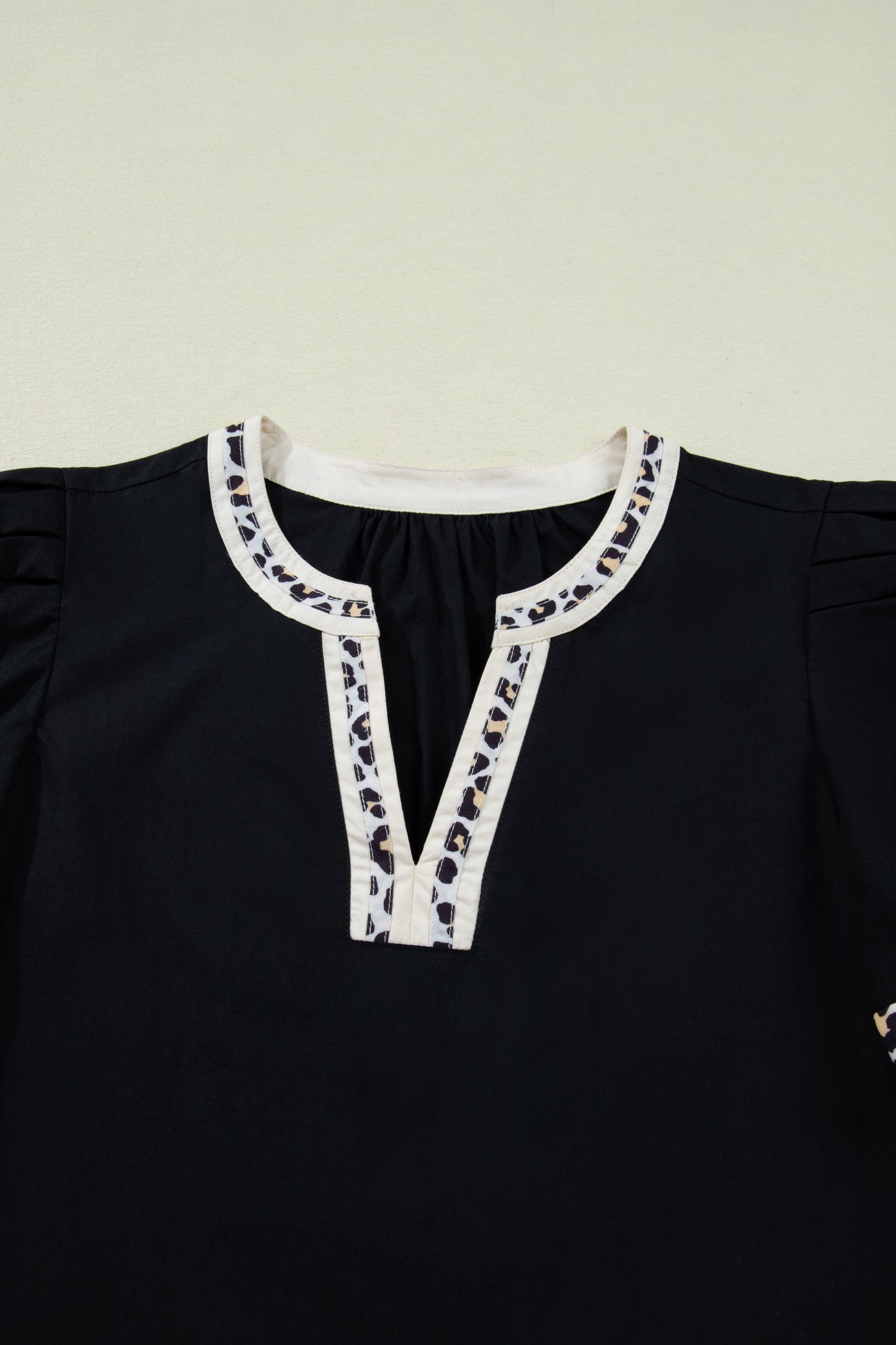 Black Leopard Trim Puff Sleeve Mini Dress